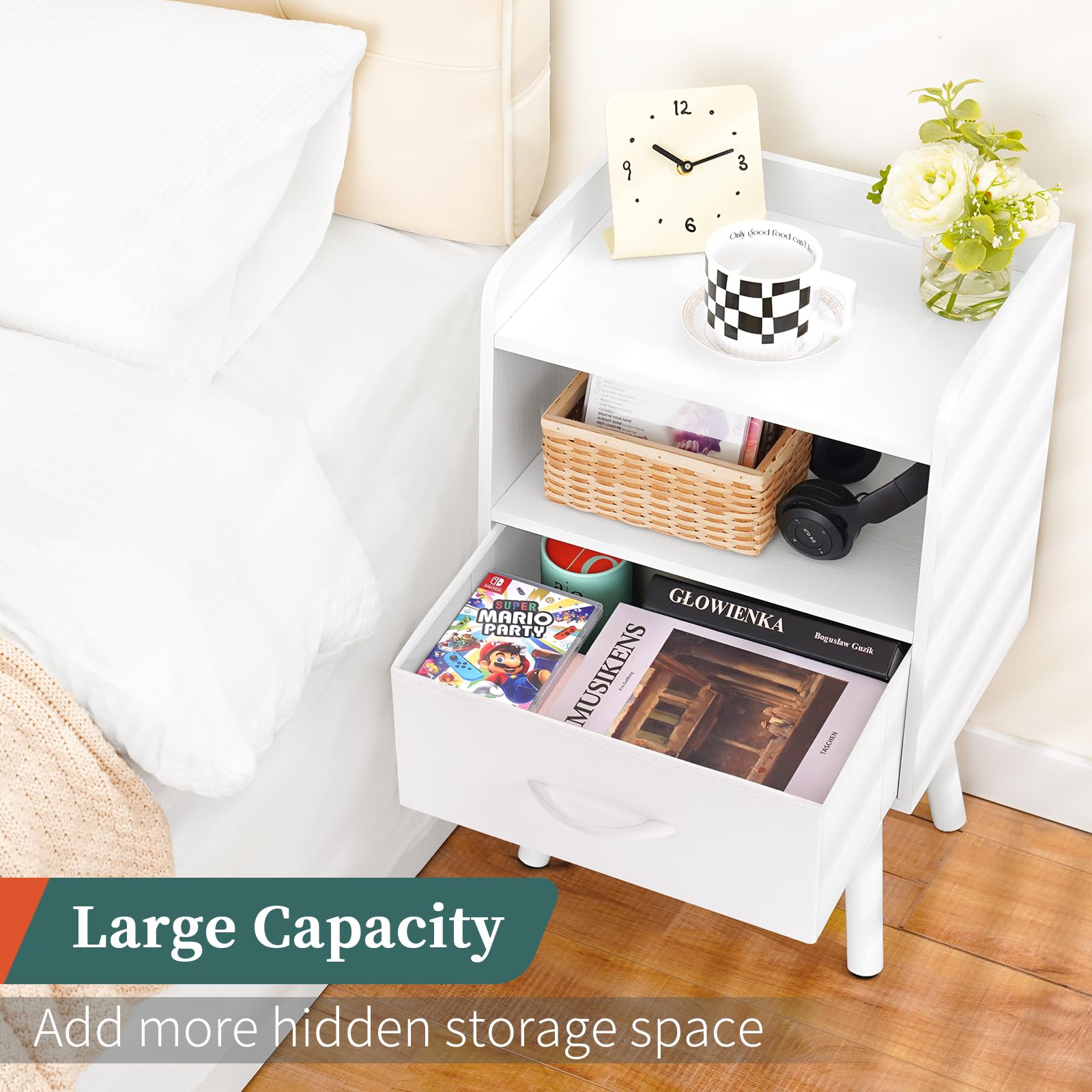 Yoobure Modern Nightstand with Drawer - Mid Century Bedside Table with Open Storage Shelf & 2-Tier Design, Solid Wood Small Night Stand for Bedroom - Perfect for Storing Books, Lamps & Bedroom Essentials