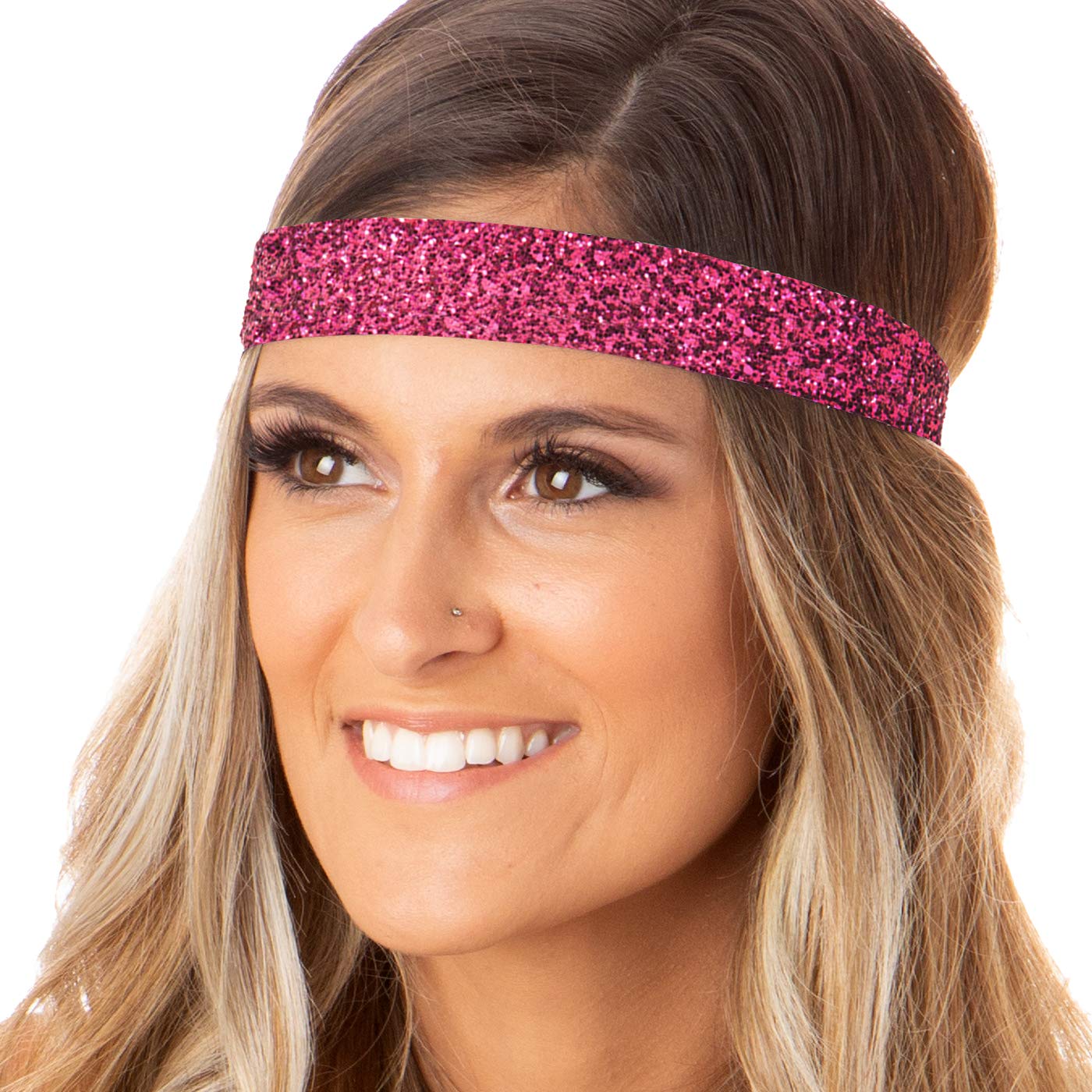 Sparkly Bling Mixed 4pk Adjustable No-Slip Headbands for Women, Girls & Teens - Petite Size, Hot Pink Glitter - Perfect for Sports, Workouts, School & Fashion Accessories