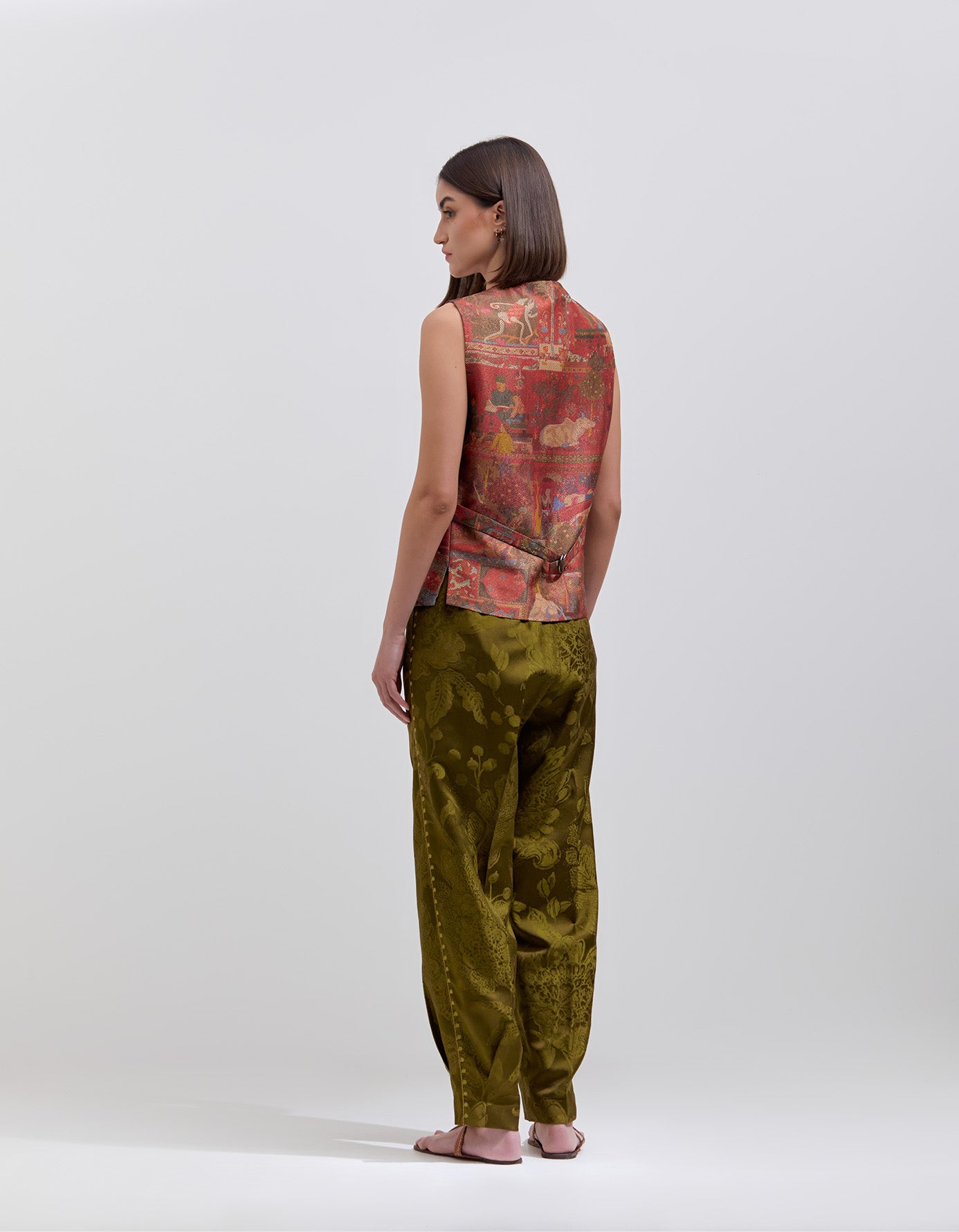 Premium Silk Damask Olive Bottom Pleat Trousers for Women - Elegant High-Waisted Palazzo Pants for Office, Party & Special Occasions