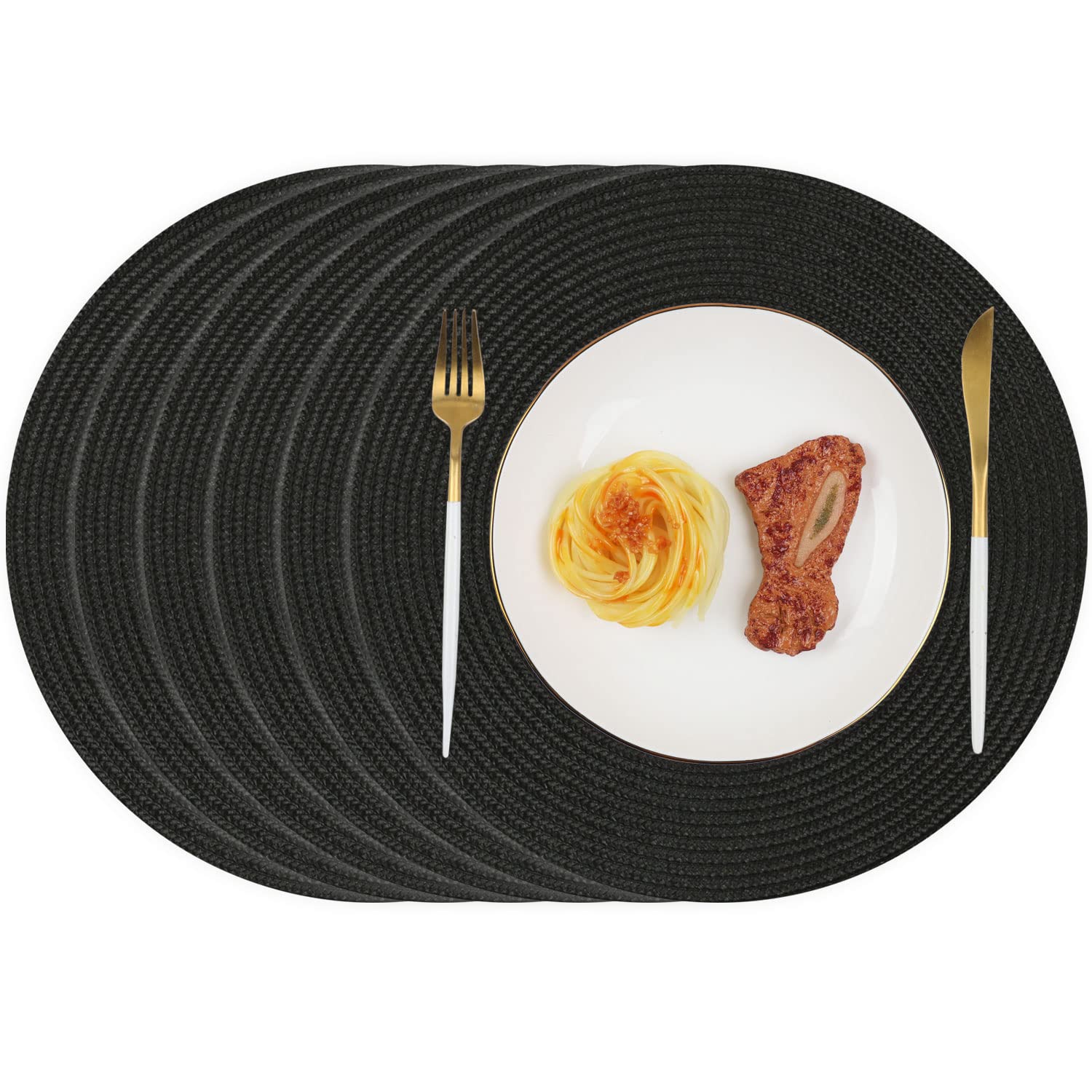 HomComoda 6-Pack Round Braided Placemats - Heat Resistant Table Mats for Dining Table, Kitchen, or Outdoor Use - Black (12 Inch) - Perfect for Everyday Meals, Dinner Parties, and Picnics