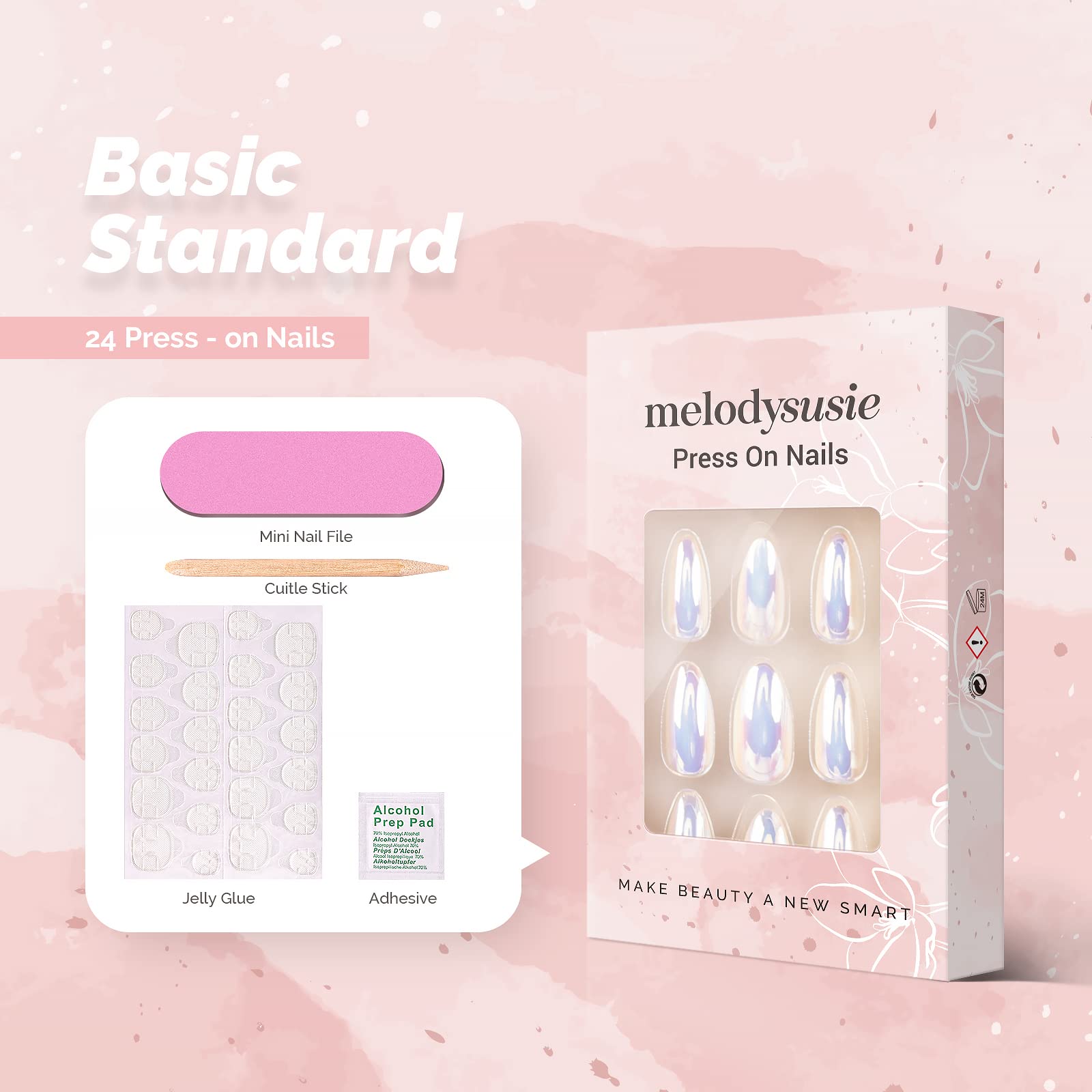 MelodySusie Press On Nails - 24Pcs Short Almond Shape Fake Nails Kit with Jelly Glue | Glossy Finish, 10 Sizes | Perfect for Daily Wear, Parties & Special Occasions