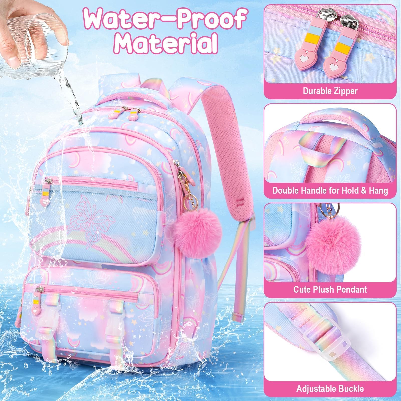 Fimibuke 3PCS Rainbow & Butterflies Backpack Set for Girls - School Backpack with Lunch Box & Pencil Case, Blue Bookbag for Kindergarten to Middle School (Ages 5+) - Perfect for School, Travel & Daily Use