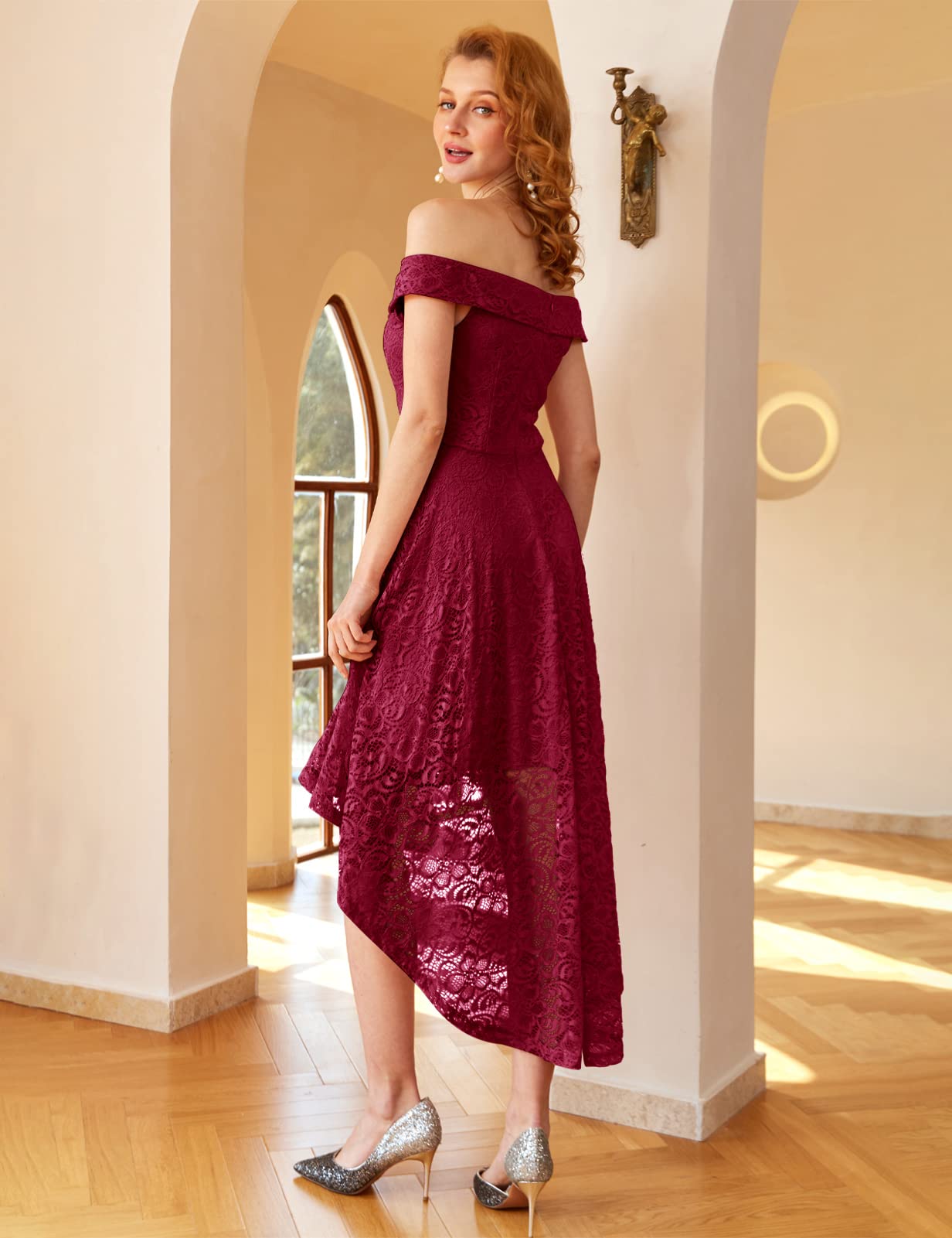 Elegant Floral Lace Off Shoulder High Low Hem Dress for Women - Perfect for Weddings, Cocktail Parties & Special Occasions