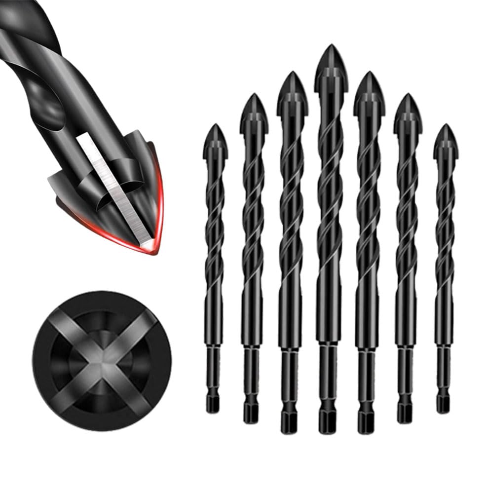 7-Piece 4-Edge Cross Drill Bit Set - Masonry Drill Bits for Brick, Tile, Cement & Wood - Multi-Function Hex Shank Alloy Tip Concrete Drill Bits - Perfect for DIY Home Renovation, Wall Mounting & Construction Projects