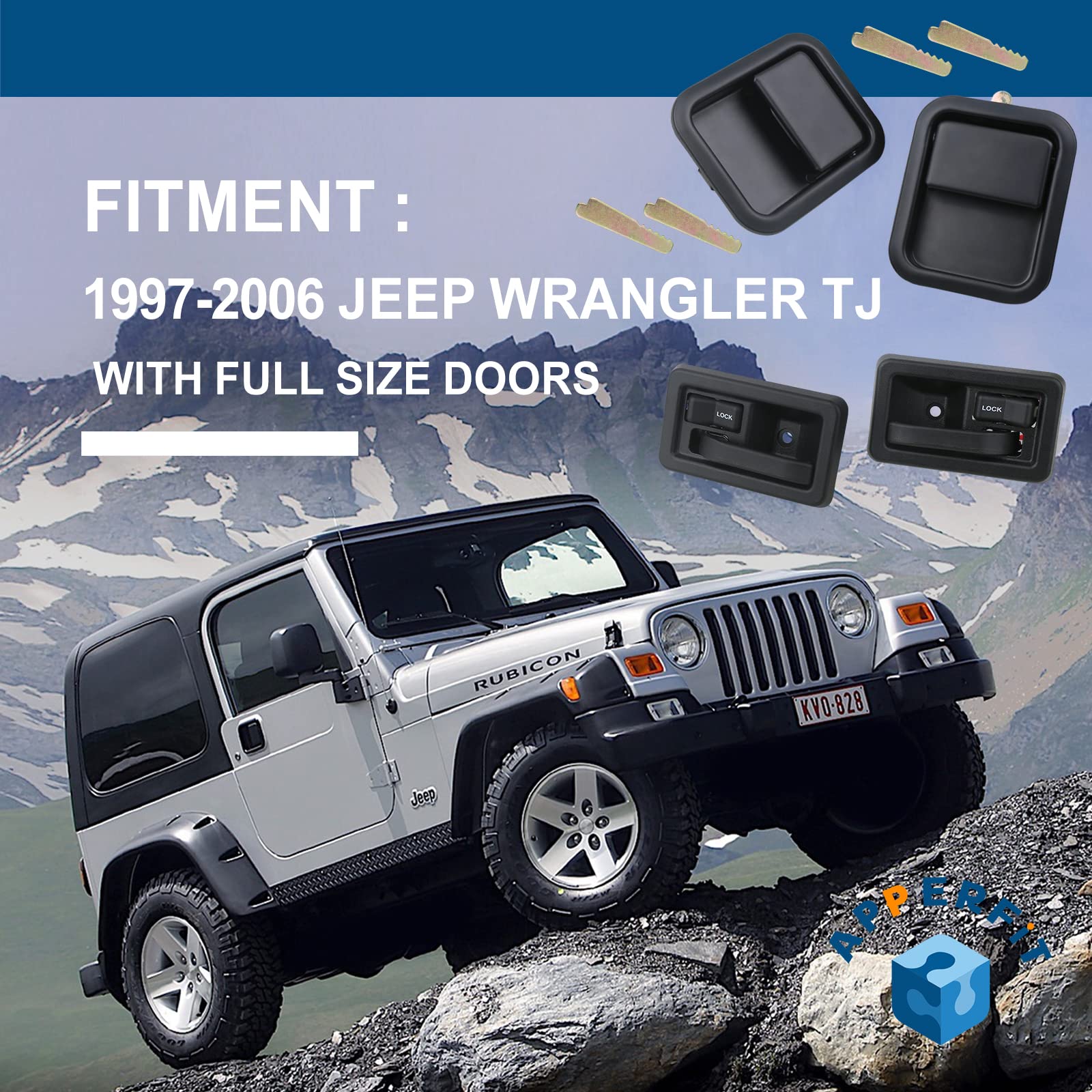 APPERFiT Jeep Wrangler YJ TJ 1991-2006 Replacement Door Handles - Exterior & Interior Set with Keepers (Fits Full Doors, Replaces OEM 55176382AE 55176383AE 55176477AB 55176476AB) - Perfect for Off-Roading & Daily Driving Upgrades