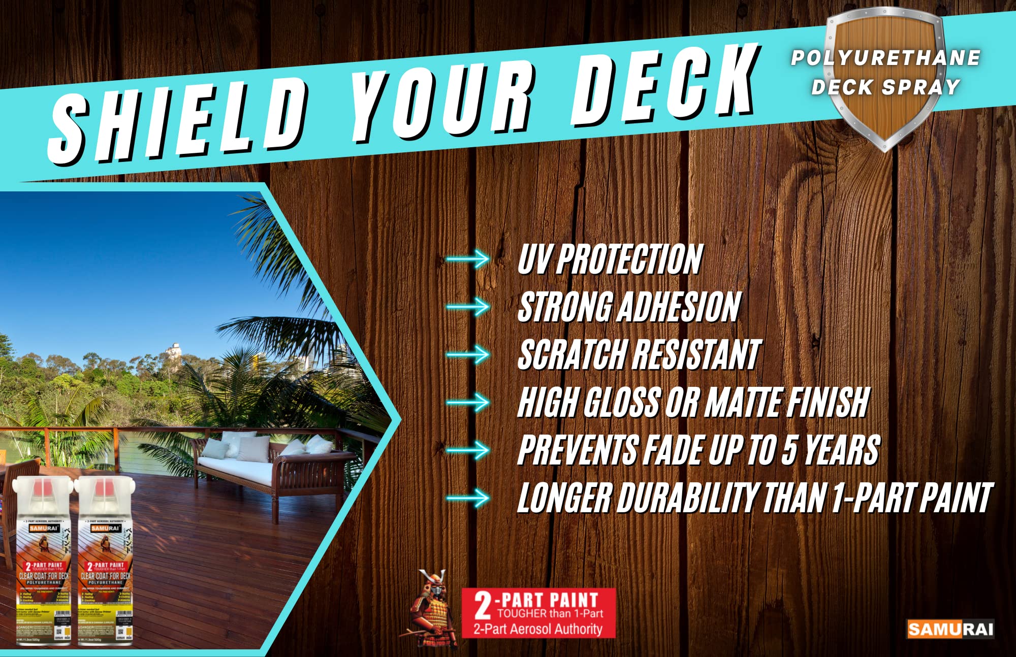 Samurai 2-Part Polyurethane Deck Clear Coat Spray Paint - High Gloss Protective Finish for Wood Decks, Furniture & Outdoor Projects (5-Pack, Clear)