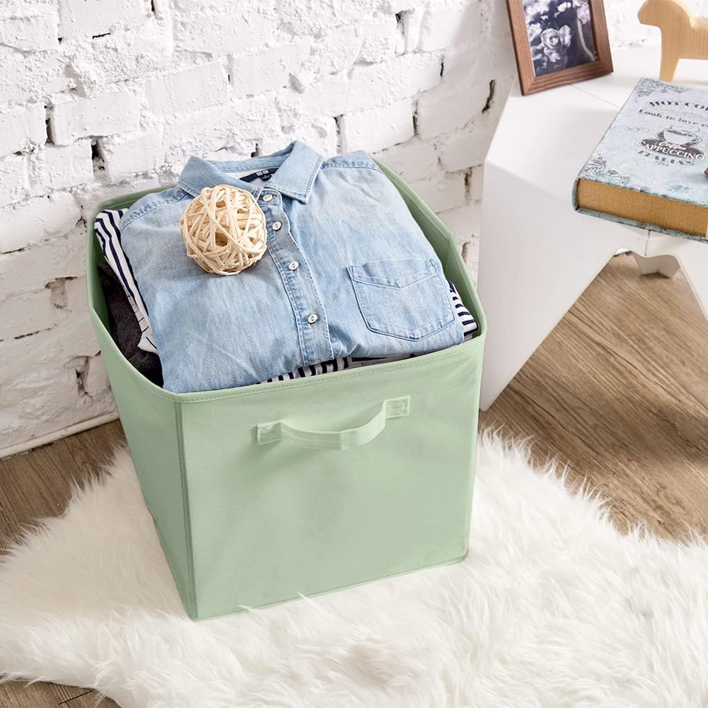 EZOWare Set of 6 Foldable Fabric Storage Bins, 13x15x13 Inch Collapsible Organizer Cubes with Handles for Clothes, Toys, Nursery - Pastel Green | Space-Saving Home Organization for Closet, Shelves & Kids Room