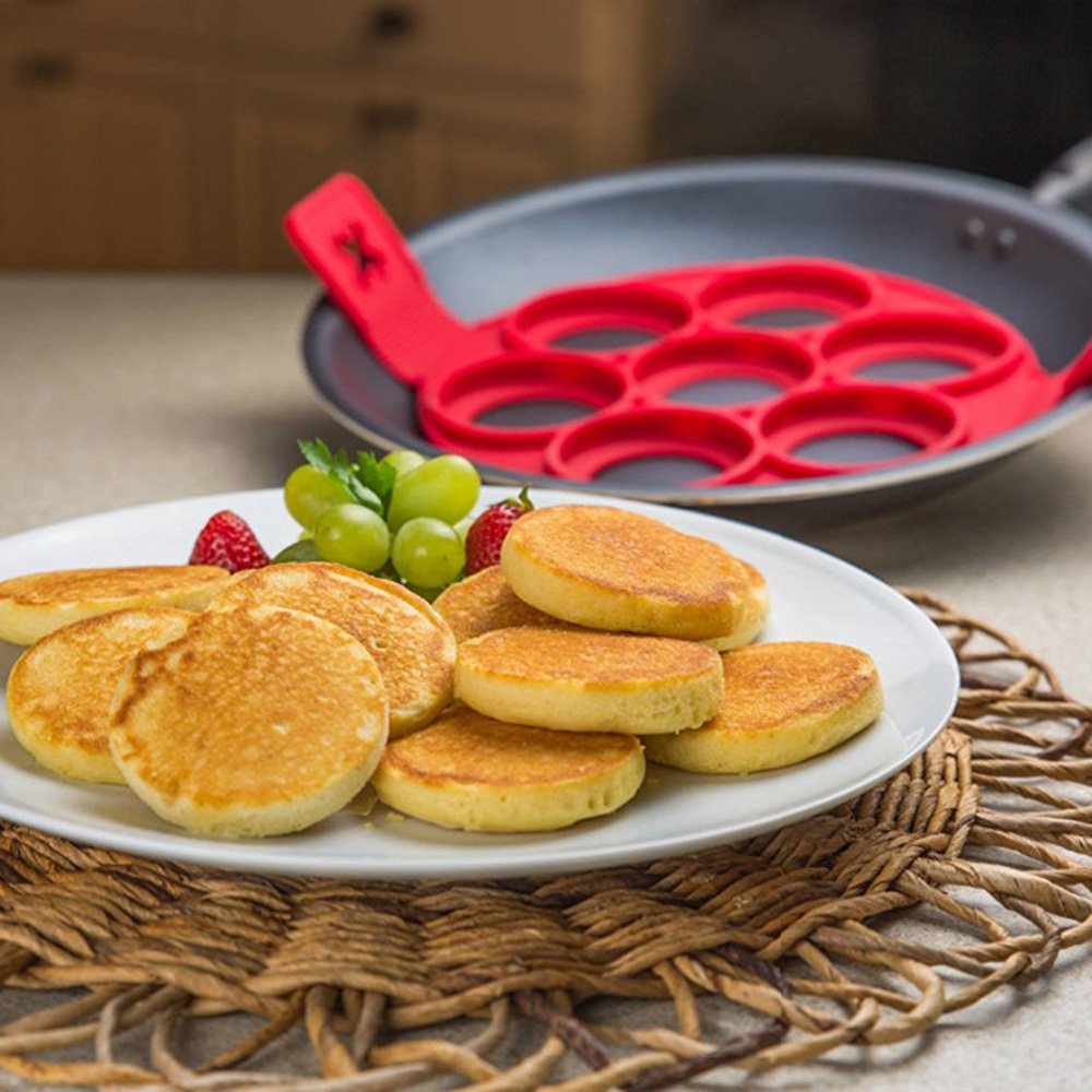 Non-Stick Silicone 7-Hole Pancake Maker - Perfect for Breakfast, Kids & Family Cooking - Red