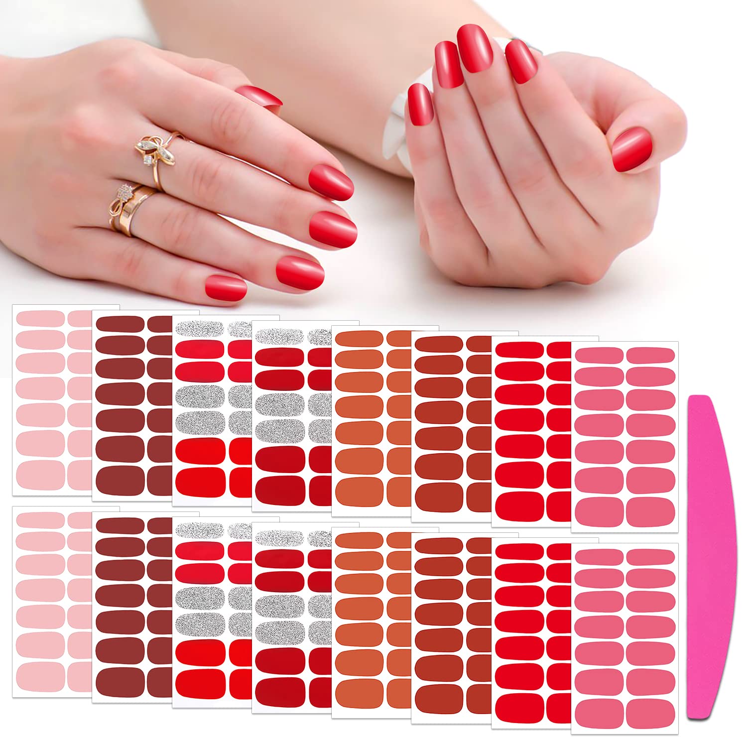 SILPECWEE Red Nail Polish Strips for Women - 16 Self-Adhesive Gel Nail Wraps with Nail File | Easy DIY Manicure at Home, Salon-Quality Nail Art Stickers for Parties, Weddings & Special Occasions