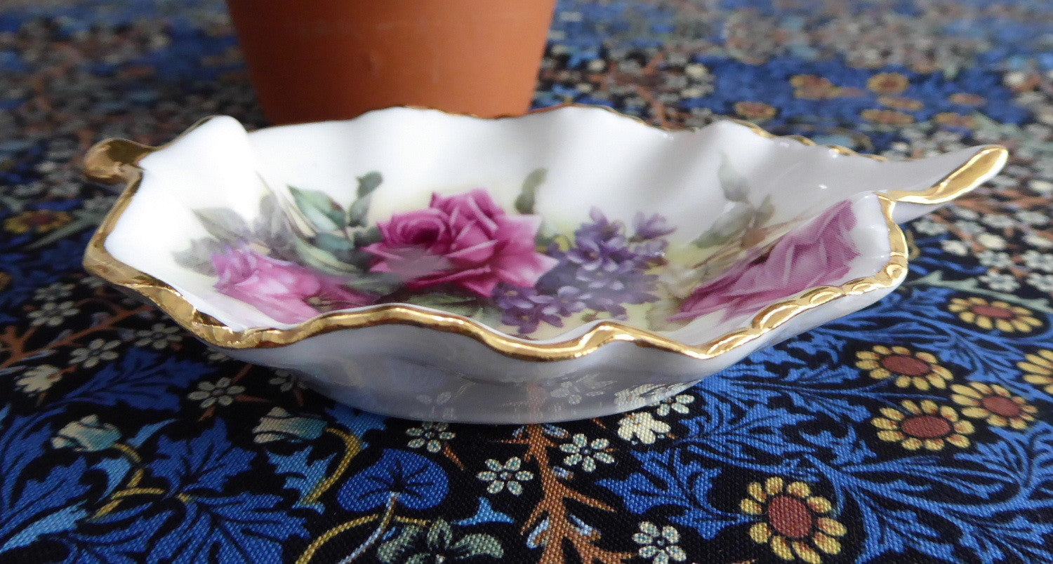 Elegant Leaf-Shaped Tea Bag Caddy - Pink Roses & Violets Design | Premium England Bone China | Royal Patrician Collection | Perfect for Afternoon Tea & Kitchen Organization