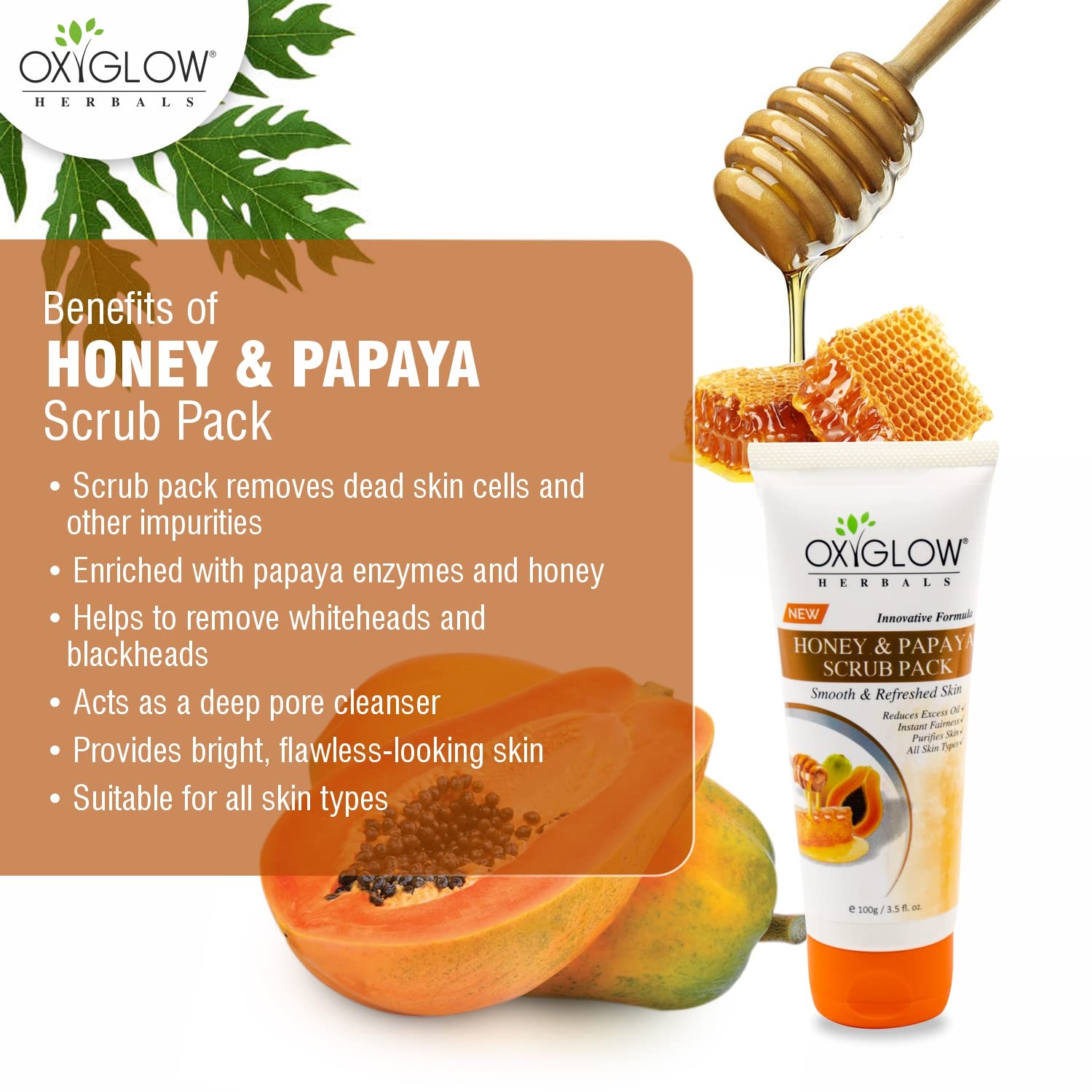 OxyGlow Herbals Honey & Papaya Enzymes Face Scrub 100g (Pack of 2) - Exfoliating & Brightening Skincare for Glowing Complexion | Perfect for Daily Use & Spa Nights
