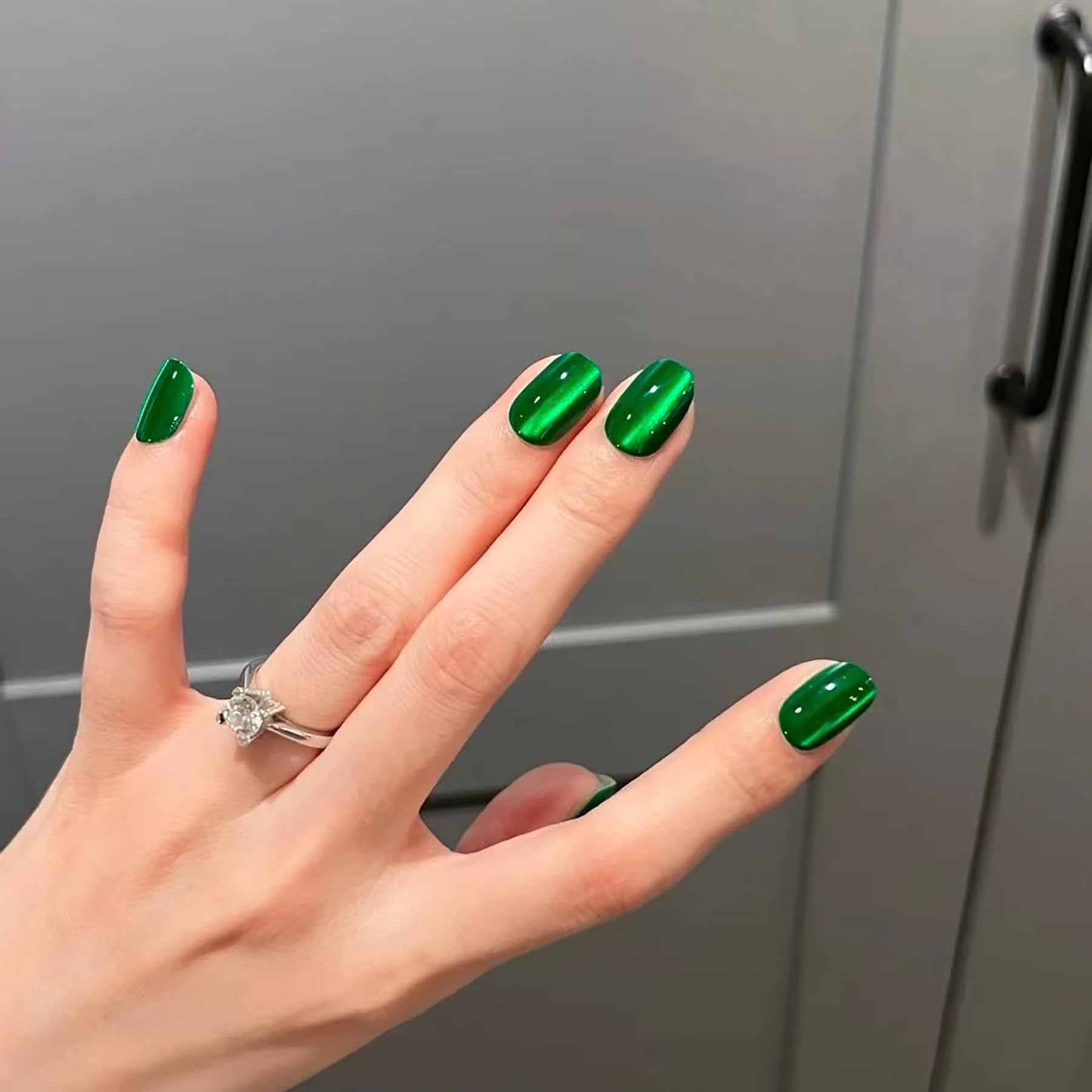 24 Pcs Short Square Press On Nails - Jade Green Shiny Glitter Full Cover Acrylic Fake Nails with Glossy Gradient Design for Spring Summer Manicure | Perfect for Parties, Weddings, Date Nights & Everyday Wear