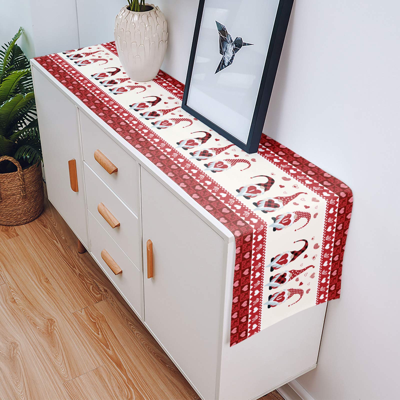 T&H XHome Linen Burlap Table Runner - 72 Inch Washable Farmhouse Decor for Kitchen, Dining Table, Dresser | Valentine's Day Gnome Love Theme | Perfect for Weddings, Parties & Home Decor