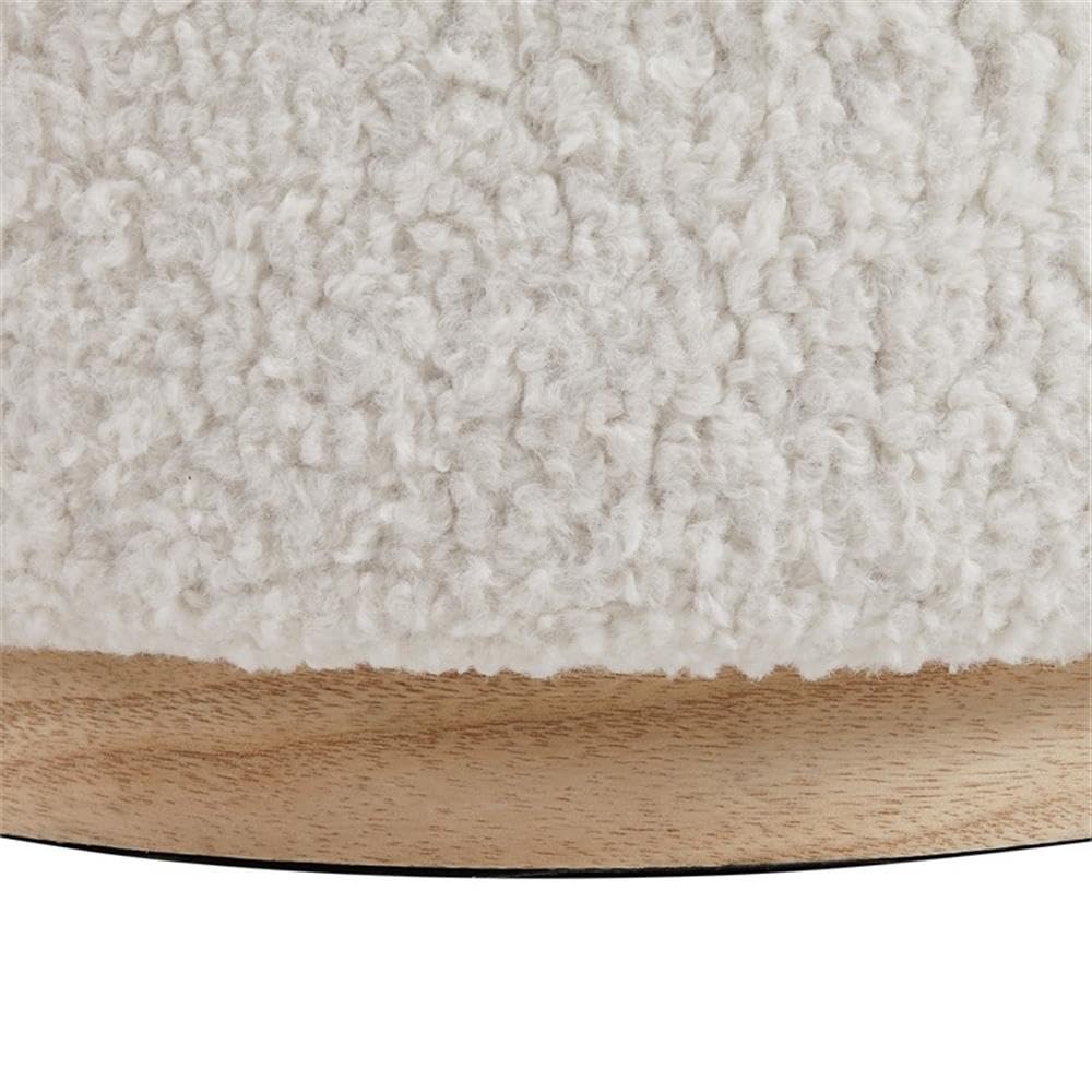 Linon Hawn Round Padded Storage Ottoman with Light Wood Trim - Natural Sherpa Fabric Upholstered Footrest Stool for Living Room, Bedroom & Home Decor