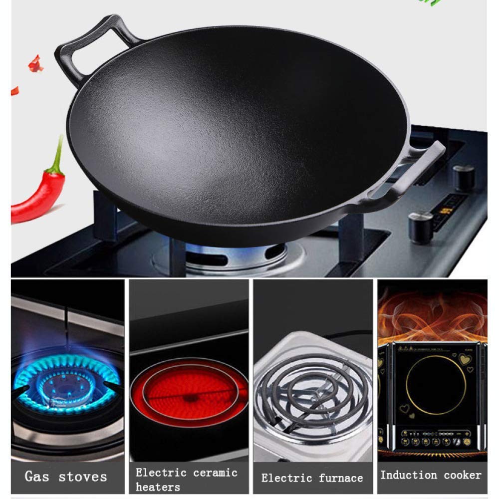 **36cm Traditional Cast Iron Wok Pan - Uncoated Thickened Round Bottom Double-Ear Design for Stir-Frying, Deep Frying & Home Cooking - Durable Household Pig Iron Pot for Professional & Everyday Use**