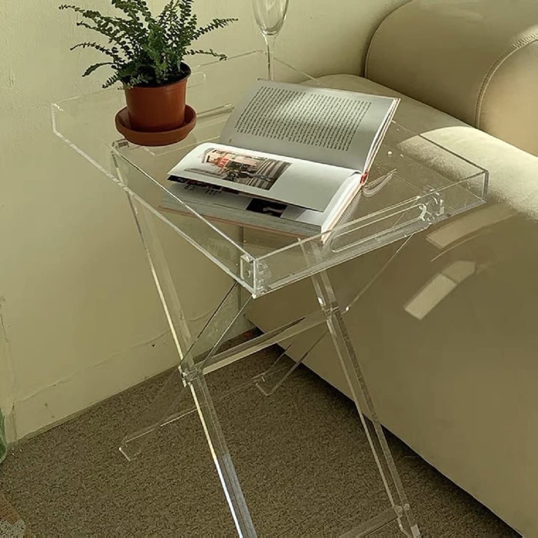 Gdrasuya10 Clear Acrylic Folding Tray Table - 19 Inch Modern Square Coffee Table & Portable Serving Table for Small Spaces - Perfect for Living Room, Bedroom, Balcony & Outdoor Use