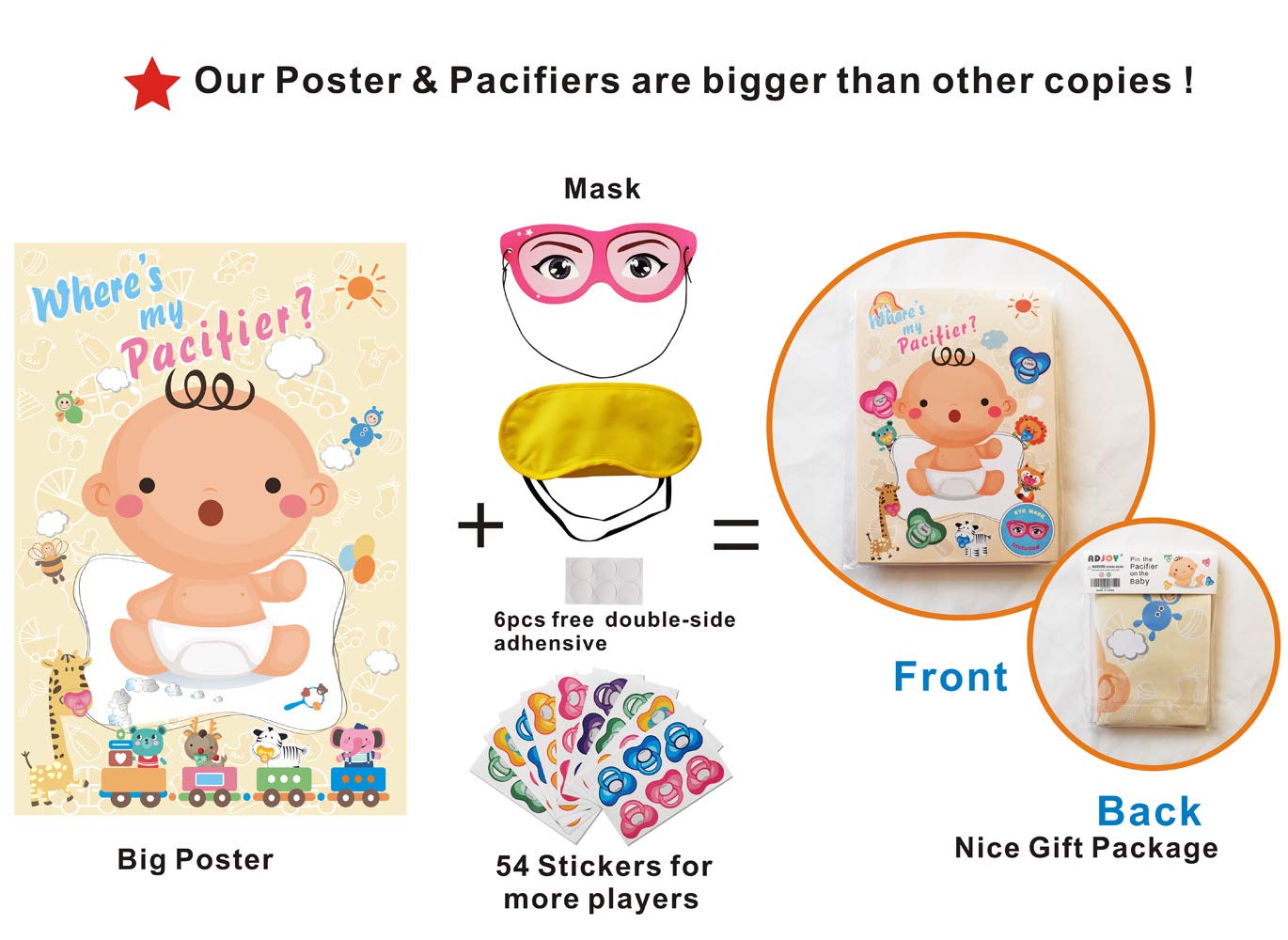 ADJOY Pin The Pacifier on The Baby Game - Fun Baby Shower Party Favors & Activities - Pin The Dummy on The Baby Game for Gender Reveal & Newborn Celebrations - Perfect for Baby Showers, Birthday Parties & Family Gatherings