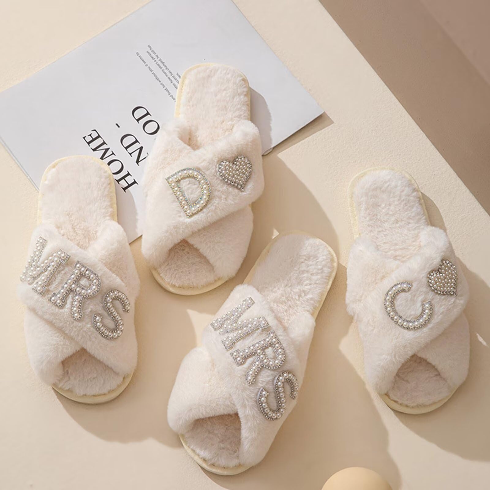 KEYUSHOP Women's Wedding Slippers - Soft Bridal House Slippers with Cross Band, Fuzzy Open-Toe Design for Bride, Bridesmaid & Bridal Shower Party | Comfortable Indoor/Outdoor Slippers for Wedding Preparation & Honeymoon