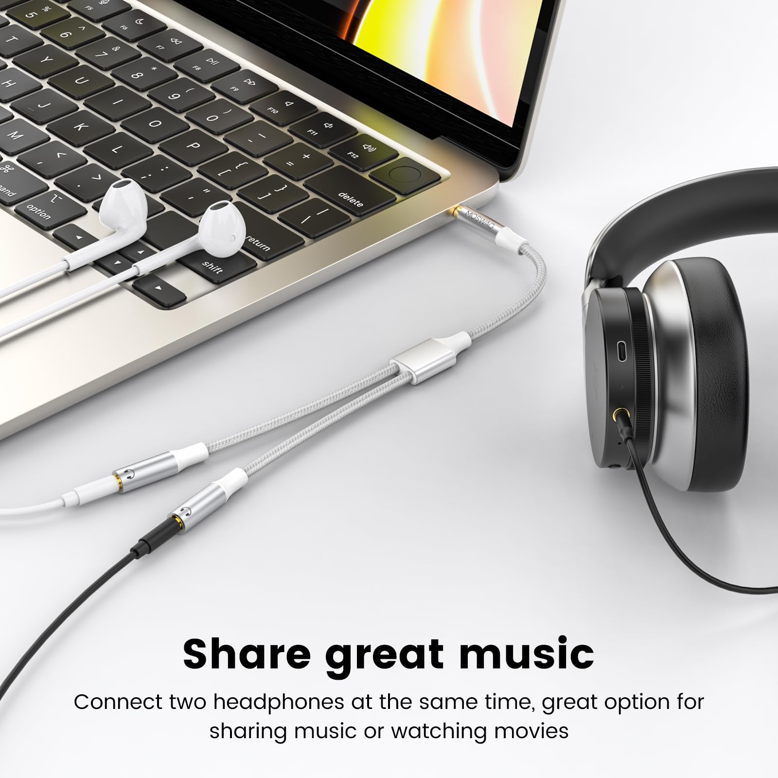 MOSWAG 3.5mm Headphone & Microphone Splitter Cable - Male to Dual Female Audio Y Adapter for iPhone, Samsung, iPad, PC, Gaming & Recording (Compatible with Apple, Android, Tablets) - Perfect for Music Sharing, Podcasting & Online Classes