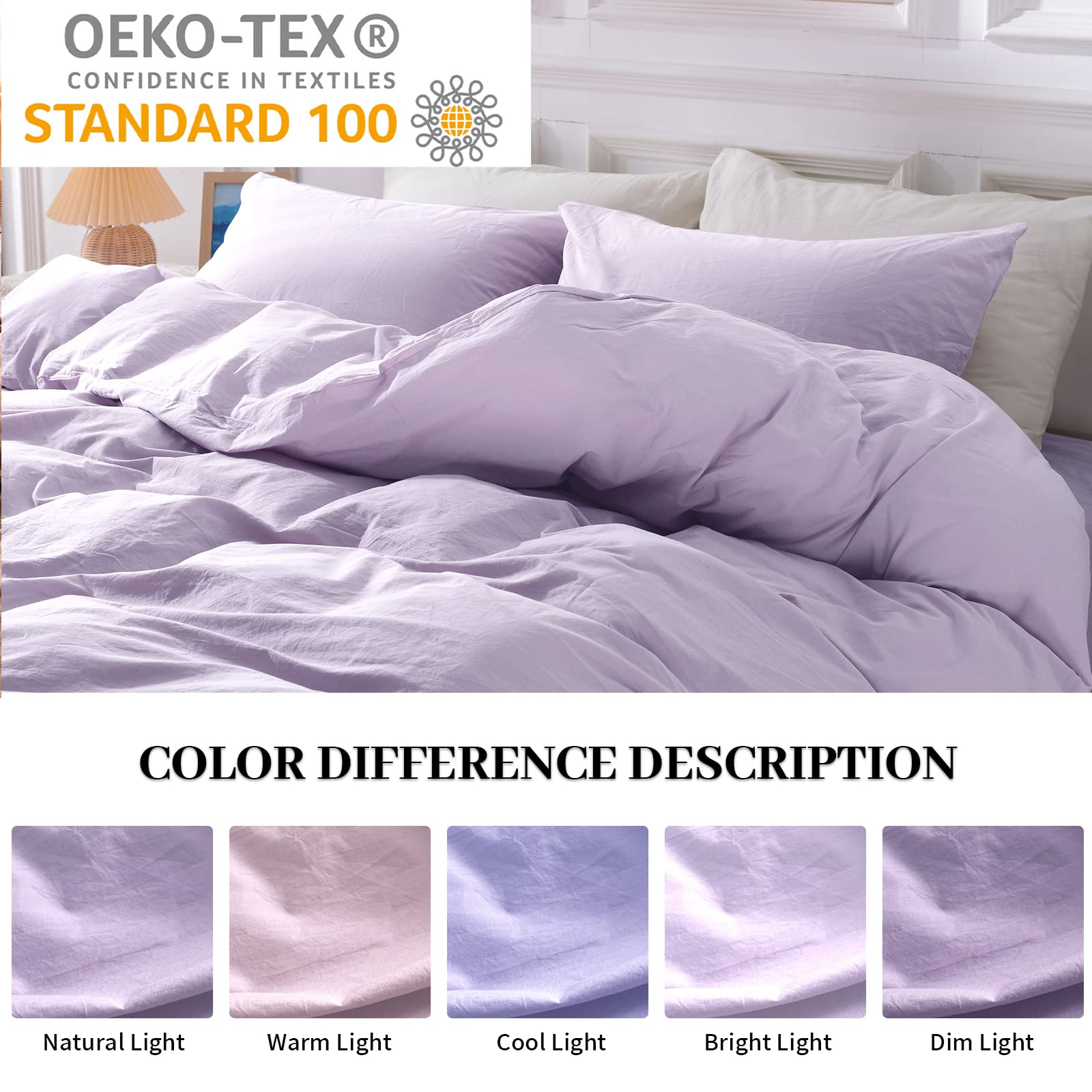 NEXHOME PRO Kids Twin Size Duvet Cover Set - 100% Organic Washed Cotton, Linen Feel, Breathable with Zipper Closure - 2 Piece Bedding Set in Purple Lavender Lilac (No Comforter Included) | Perfect for Children's Bedrooms, Sleepovers & Cozy Nursery Decor