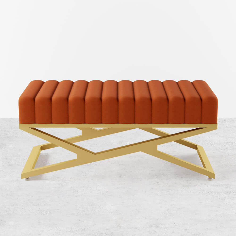 Modern Velvet Upholstered Bedroom Bench with Gold X Base - Orange Storage Ottoman for Bedroom, Living Room & Entryway - Perfect for Seating, Decor & Extra Storage