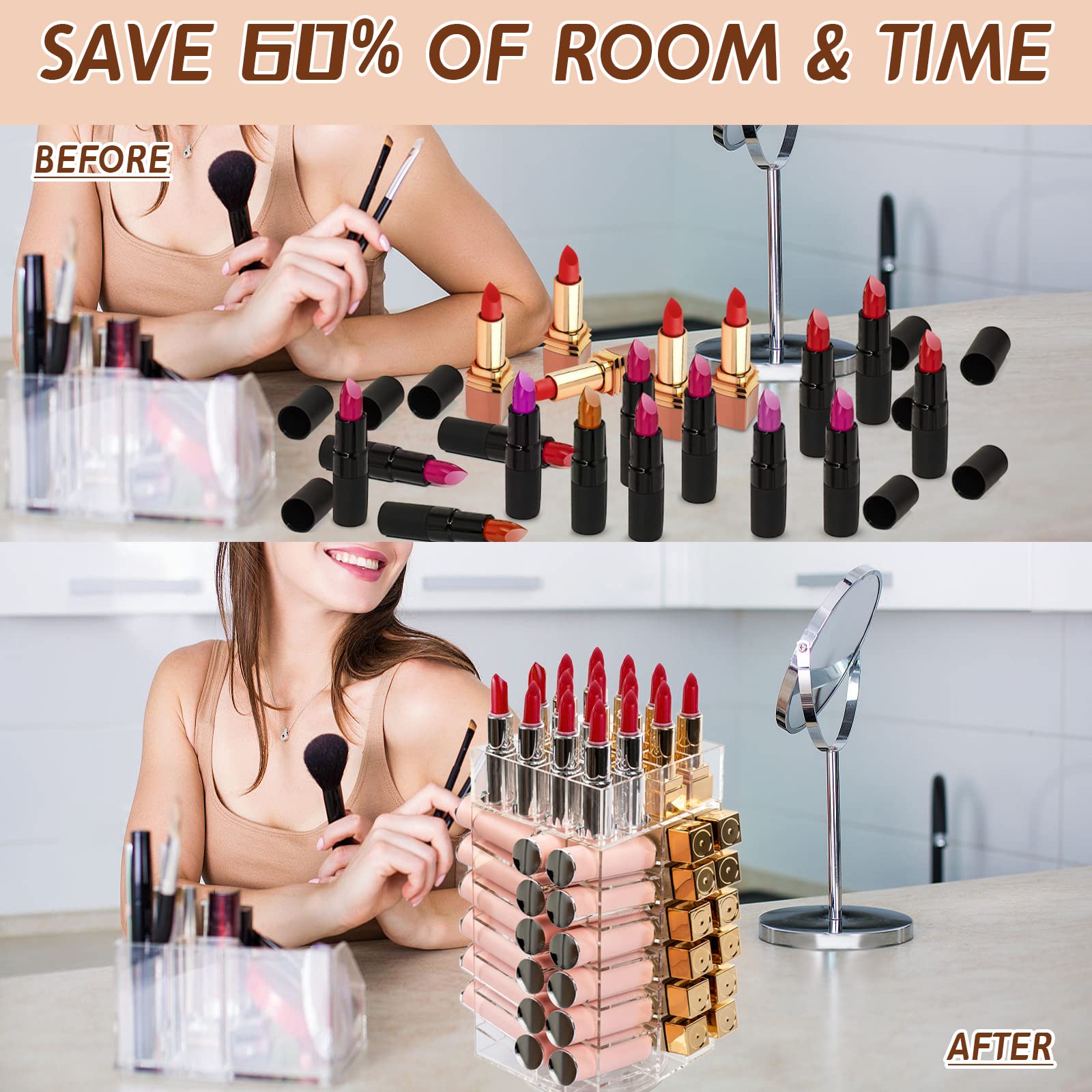 Display4Top Acrylic Rotating 64-Slot Lipstick Organizer - 360° Spinning Lipstick Tower with Removable Dividers | Perfect for Makeup Vanity, Cosmetic Display & Beauty Salon Organization