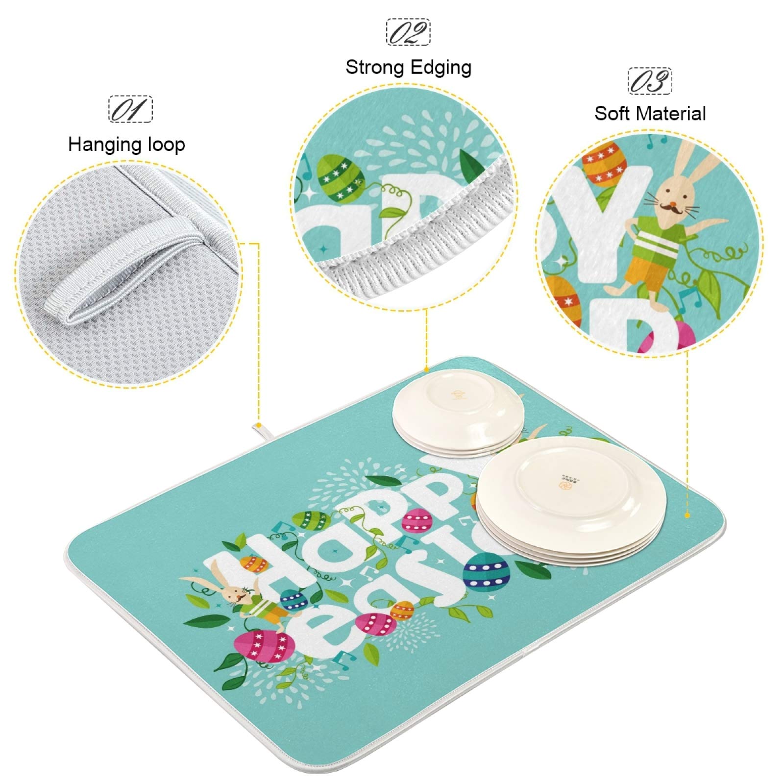 ALAZA Colorful Easter Dish Drying Mat - Super Absorbent Microfiber Kitchen Countertop Pad (16x18 Inch) - Perfect for Drying Dishes, Utensils & Cookware After Washing