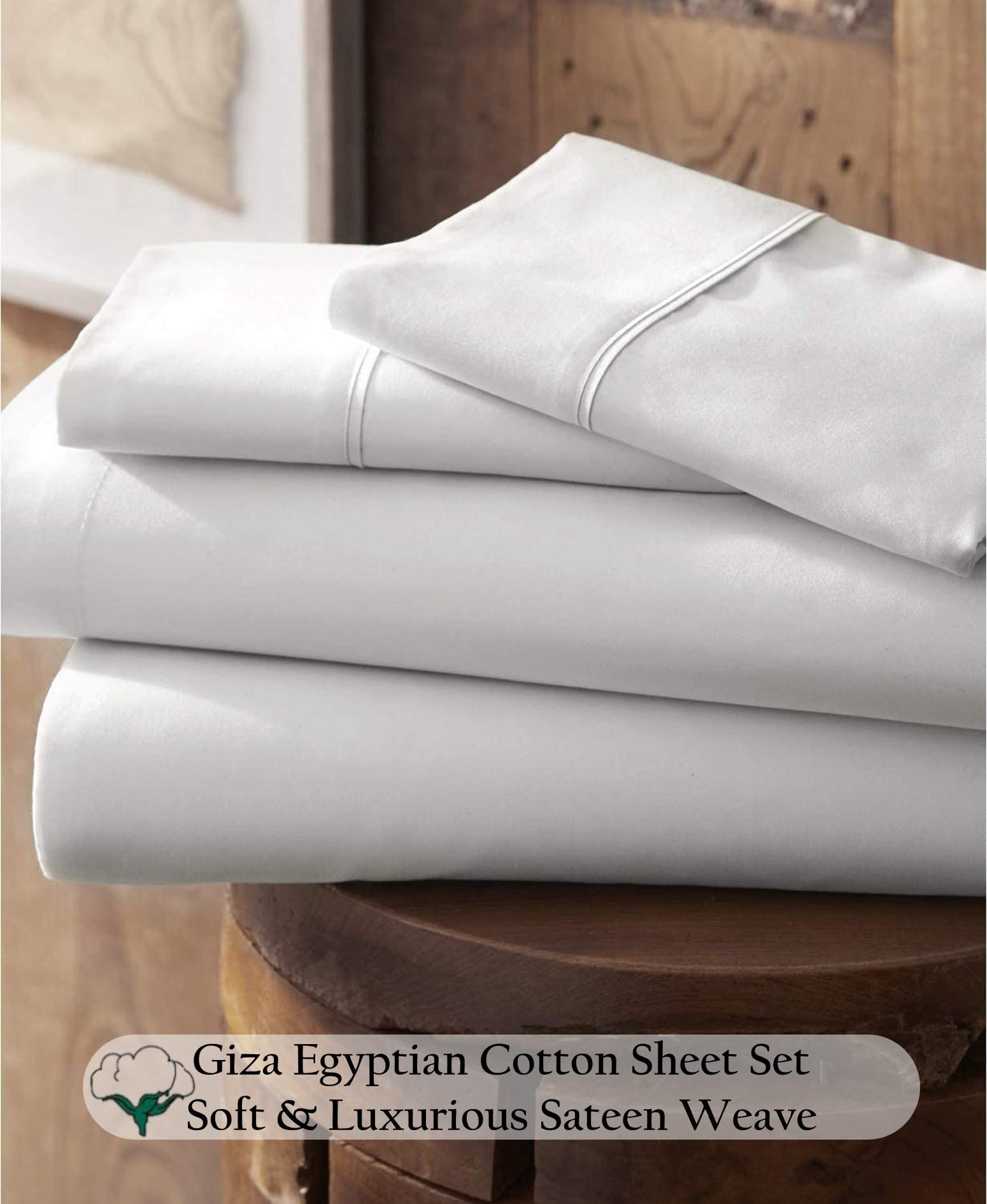 Premium 100% Certified Giza Cotton Pillowcase & Sheet Set - Queen XL Size, Soft Sateen Weave, Breathable Egyptian Cotton Bedding for Deep Pocket Mattress (Up to 12