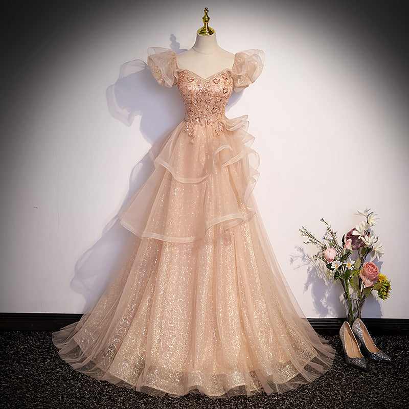 Elegant Off Shoulder Champagne Tulle Prom Dress - A-Line Sweetheart Birthday Party Gown for Women | Perfect for Homecoming, Quinceañera & Formal Events