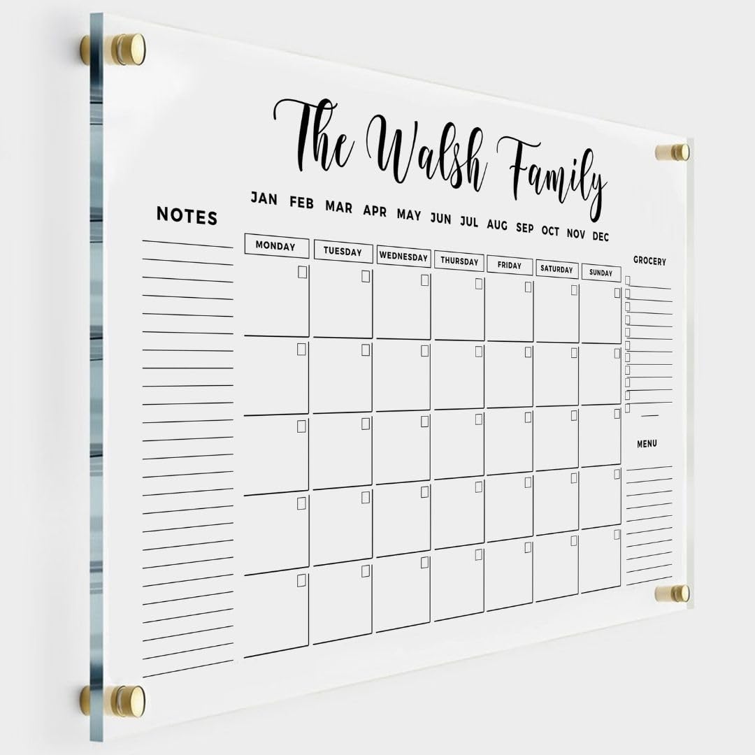 Personalized Gold Text Acrylic Wall Calendar 2025 - Custom Family Planner with Monthly & Weekly Layout - Perfect for Home Office, Kitchen, or Gift Idea