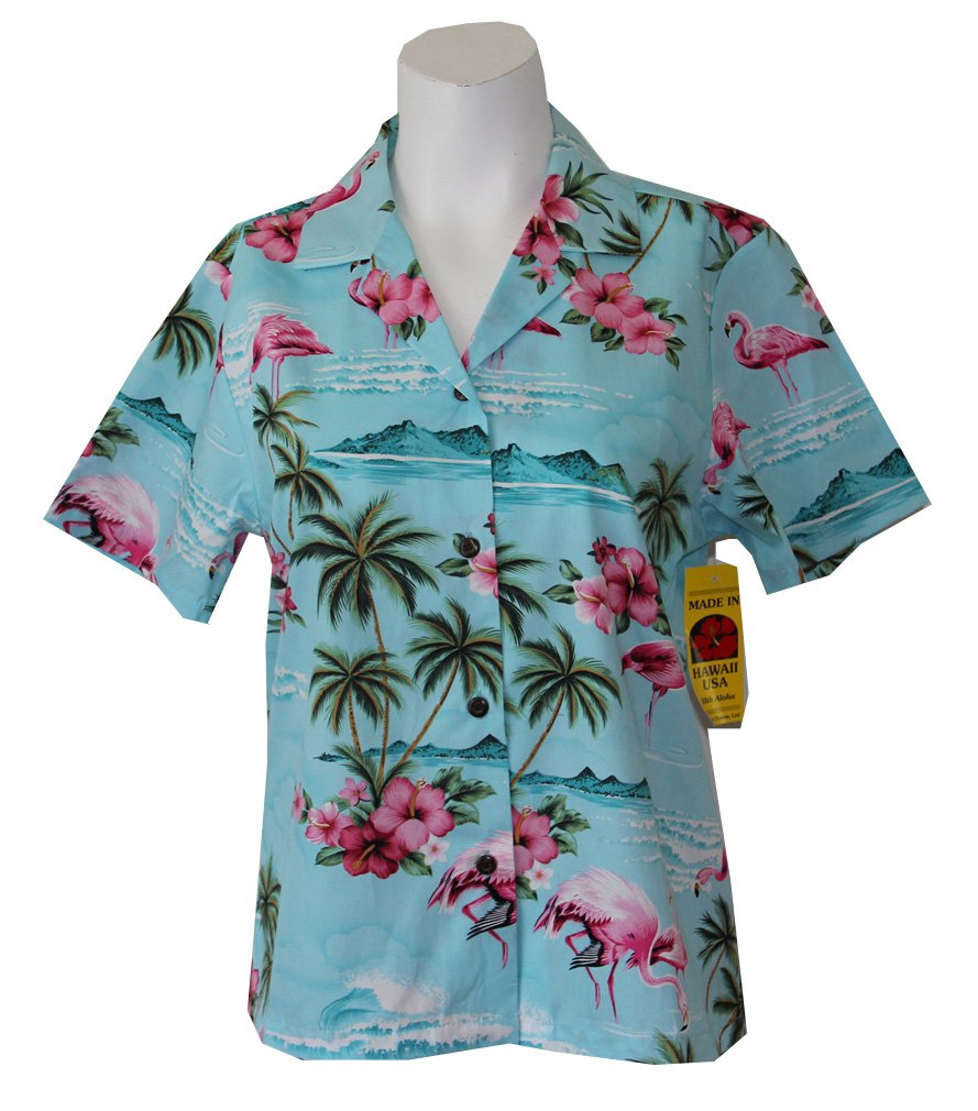 RJC Women's Flamingo Island Hawaiian Camp Shirt - Blue Medium Size | Tropical Vacation Shirt, Beach Party Outfit, Summer Casual Wear