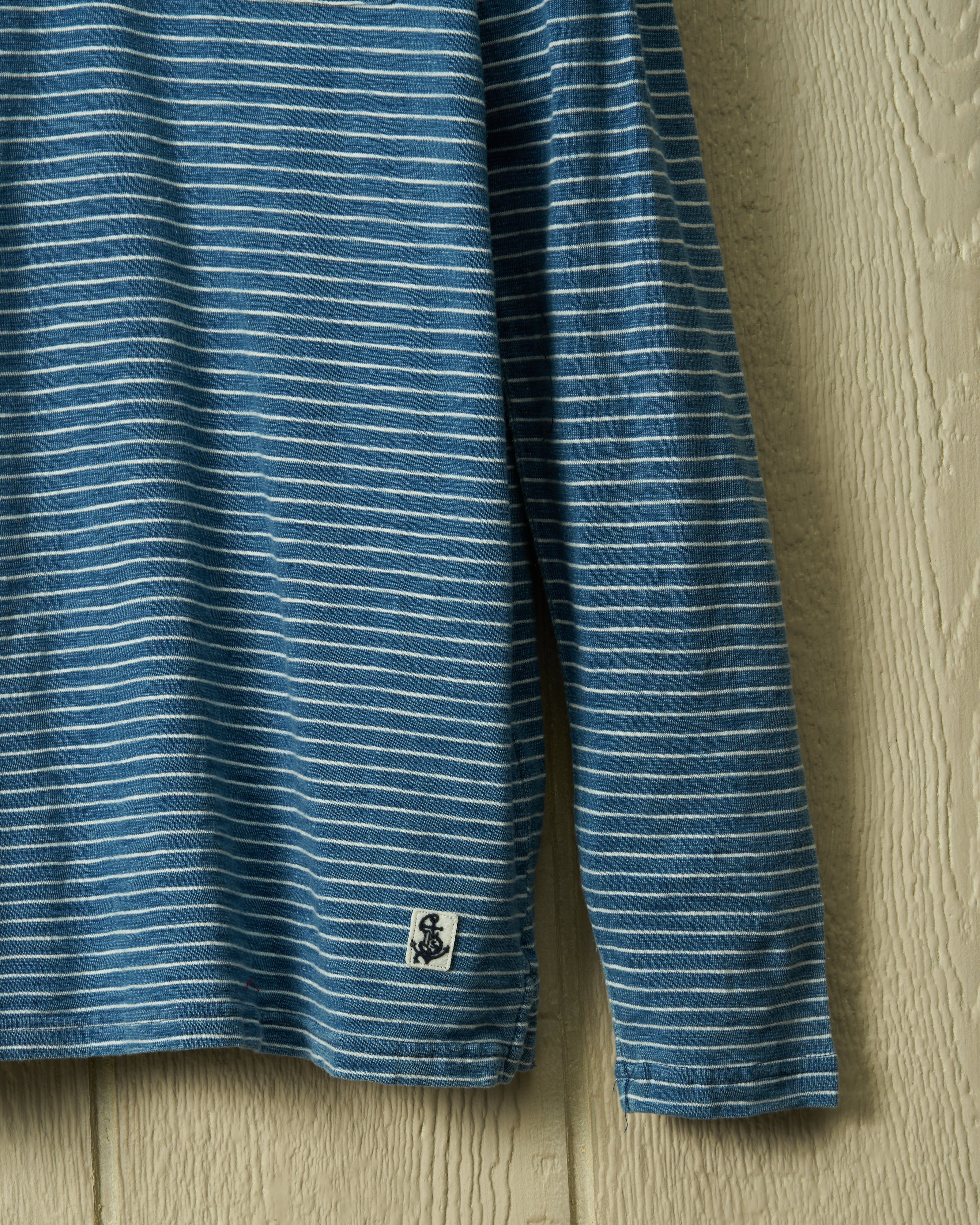 Men's Long Sleeve Indigo Polo Shirt - Blue & White Slub Stripe Cotton Casual Wear for Office, Golf & Everyday Outfits