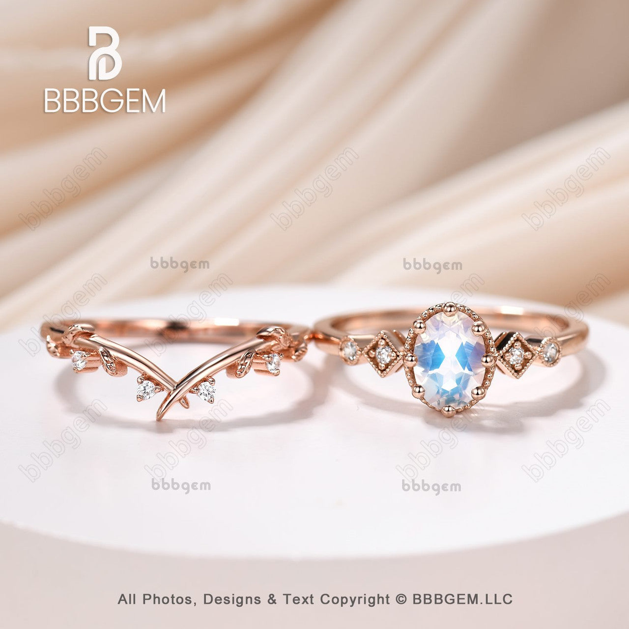 Vintage Art Deco 14K Rose Gold Moissanite & Moonstone Statement Ring Set - 5 Stone Oval Bridal Ring for Women - Perfect for Weddings, Anniversaries & Special Occasions