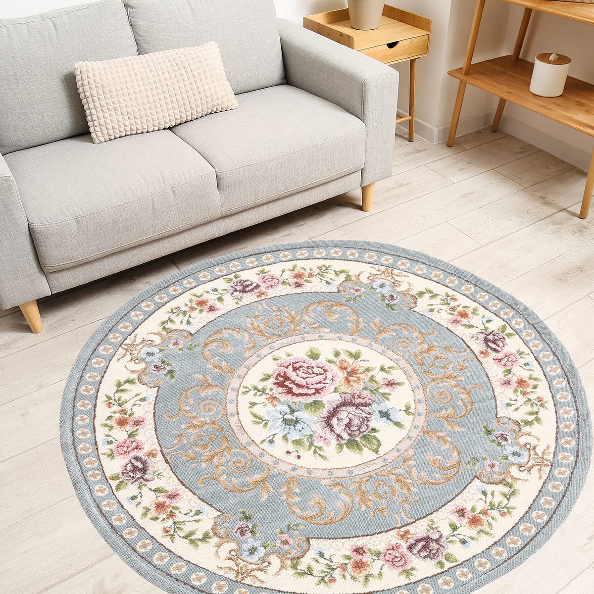 4ft Floral Round Non-Slip Area Rug - Machine Washable Sustainable Kitchen & Living Room Rug in Light Blue | Perfect for Cozy Home Decor & High-Traffic Areas