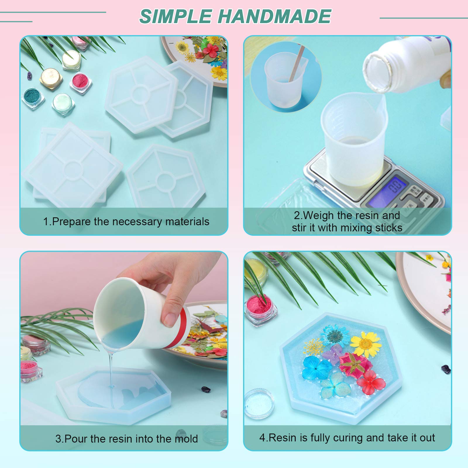 8Pcs Resin Coaster Molds Set - 4 Square & 4 Hexagon Epoxy Silicone Molds for DIY Resin Casting - Perfect for Handmade Coasters, Home Decor, and Unique Gifts (Great for Parties, Weddings & Housewarming)
