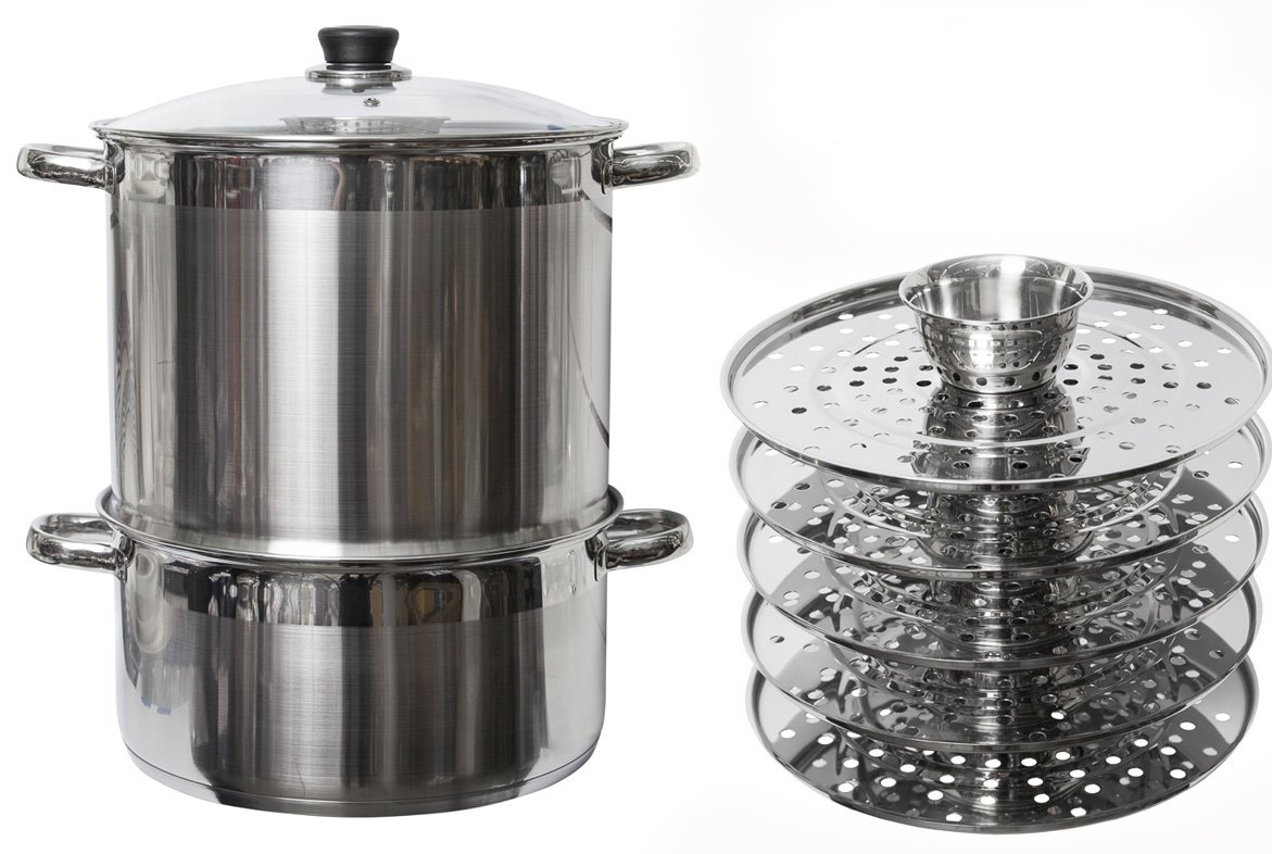 5-Tier 20 qt Uzbek 18/10 Stainless Steel Steamer Cooker with Tempered Glass Lid - Perfect for Dumplings, Ravioli, Vegetables, Fish, Manti | Multi-Level Food Warmer for Home & Restaurant Cooking