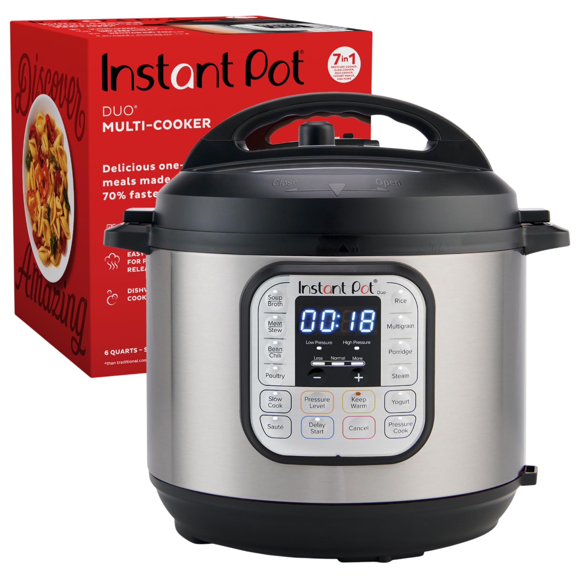 Instant Pot Duo 7-in-1 Electric Pressure Cooker & Multi-Cooker | Slow Cooker, Rice Cooker, Steamer, Sauté Pan, Yogurt Maker & Warmer | 6 Quart Stainless Steel | Includes 800+ Recipe App | Perfect for Meal Prep, Family Dinners & Healthy Cooking