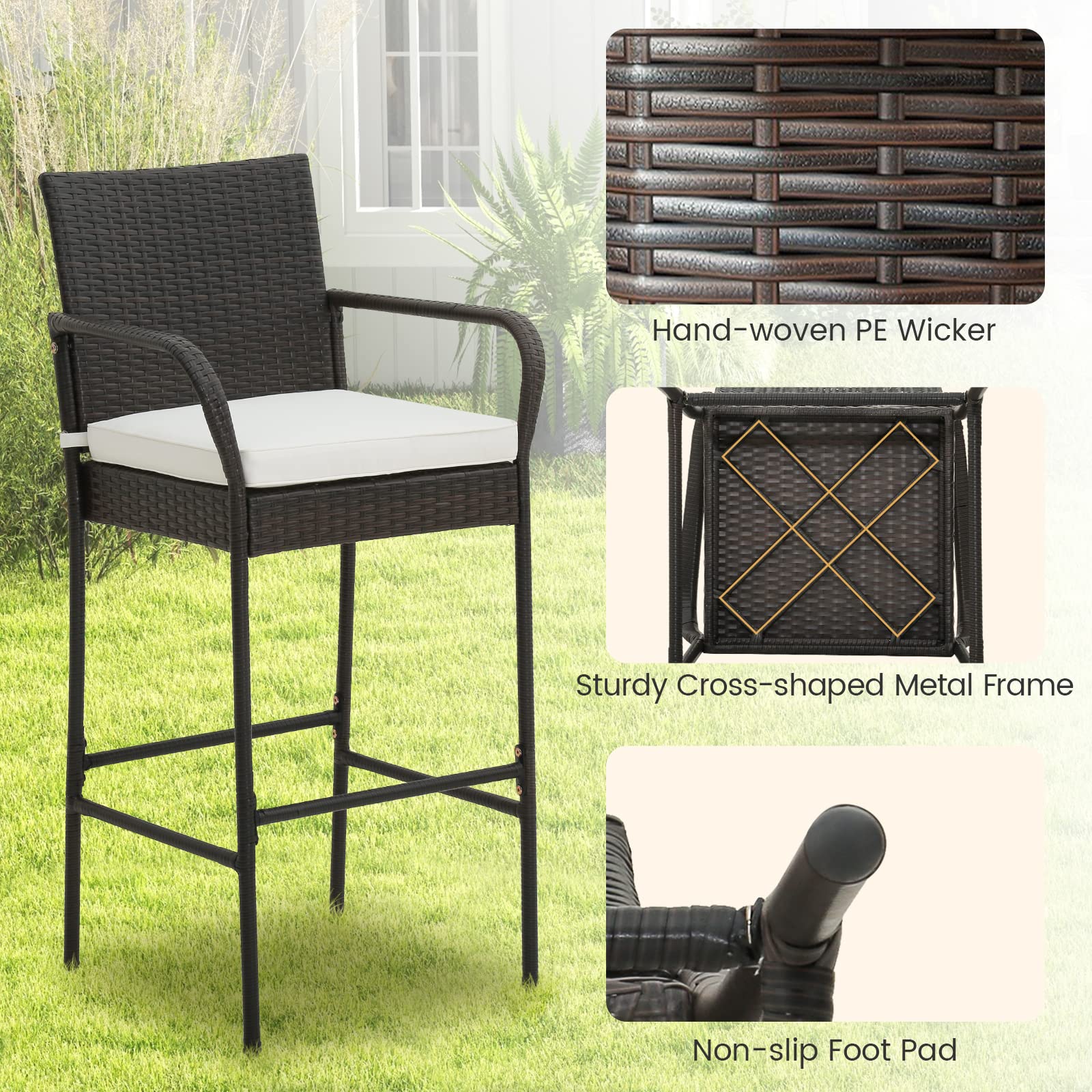 HAPPYGRILL Set of 2 Wicker Bar Stools with Armrests, Footrests & Cushions - High Back Outdoor Bar Chairs for Patio, Balcony, Poolside, Restaurant & Backyard Relaxation