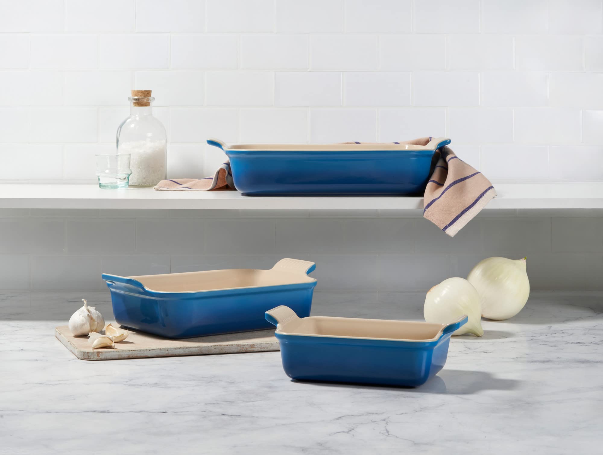 Le Creuset Stoneware Heritage Set of 3 Rectangular Baking Dishes in Marseille Blue - Oven Safe French Ceramic Cookware for Casseroles, Lasagna & Desserts