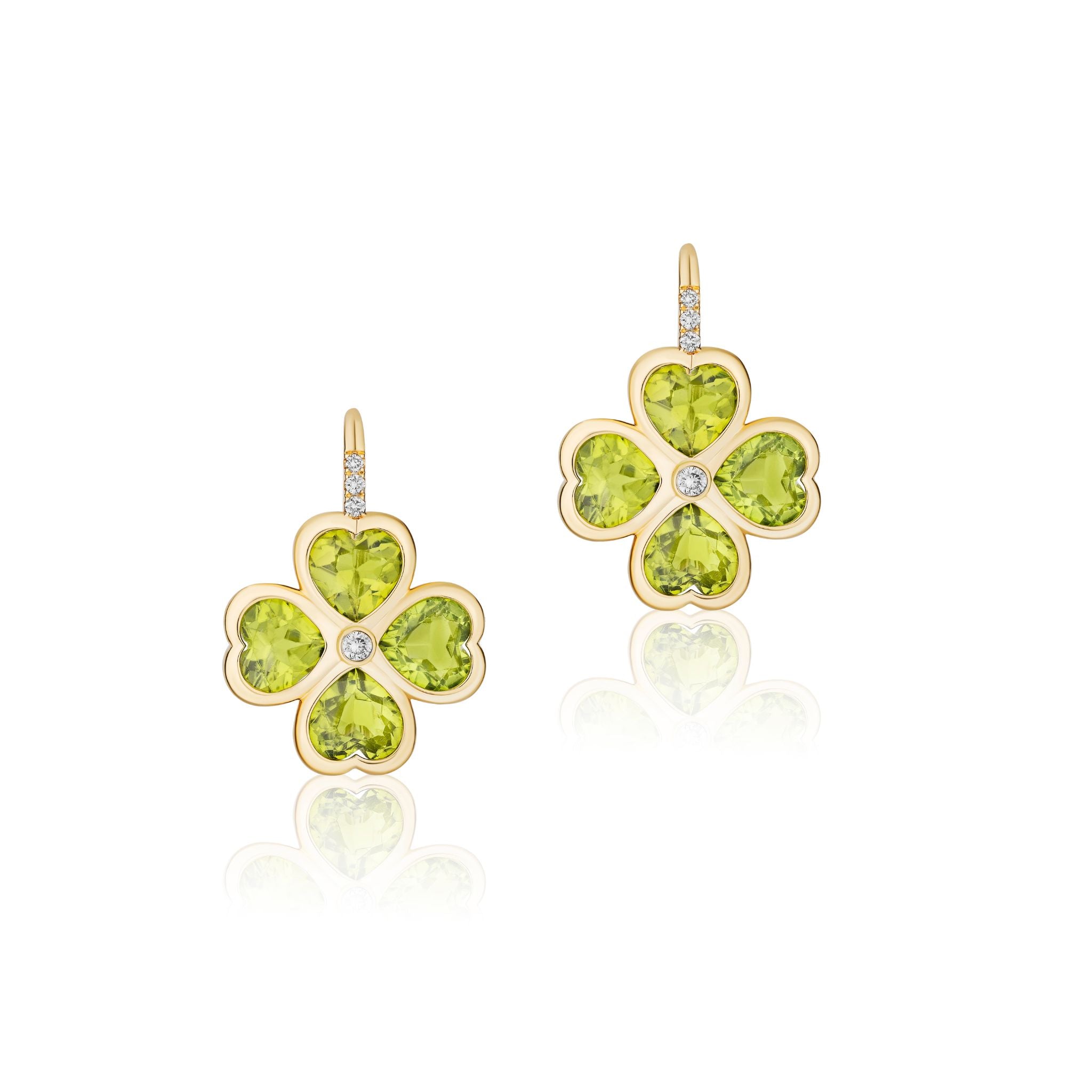 Goshwara 18K Yellow Gold Peridot and Diamond Clover Earrings for Women | Elegant Green Gemstone Jewelry | Perfect for Weddings, Parties & Special Occasions