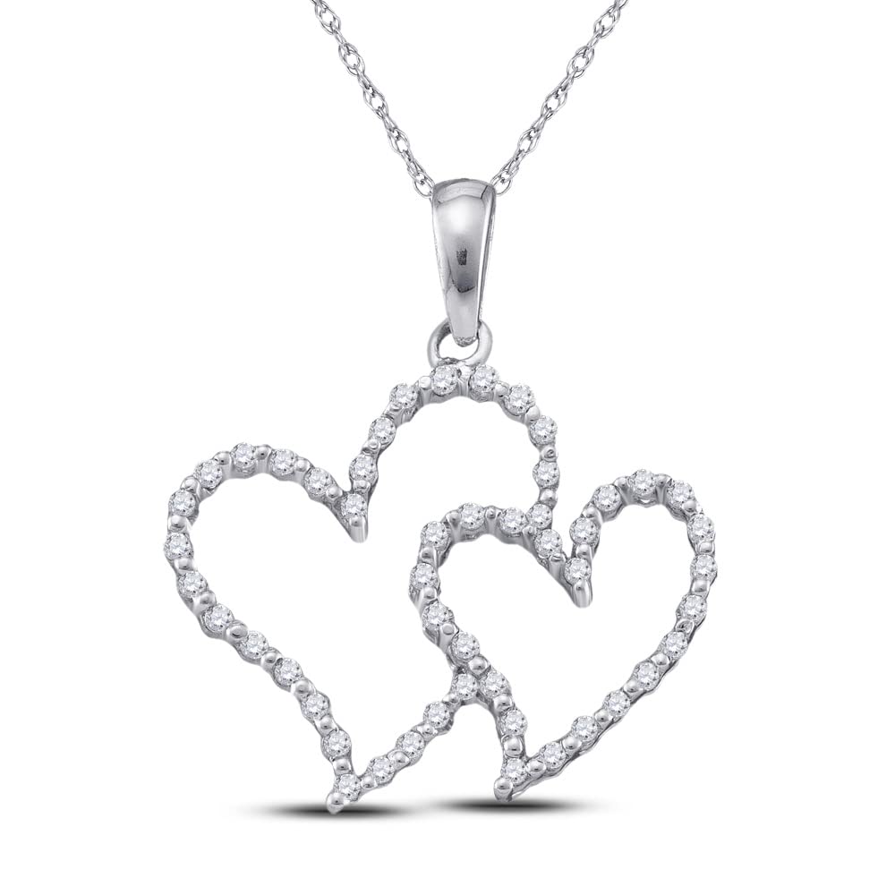 10K White Gold Women's Round Diamond Double Heart Pendant Necklace - 1/6 CTTW - Perfect for Valentine's Day, Anniversary & Romantic Gifts