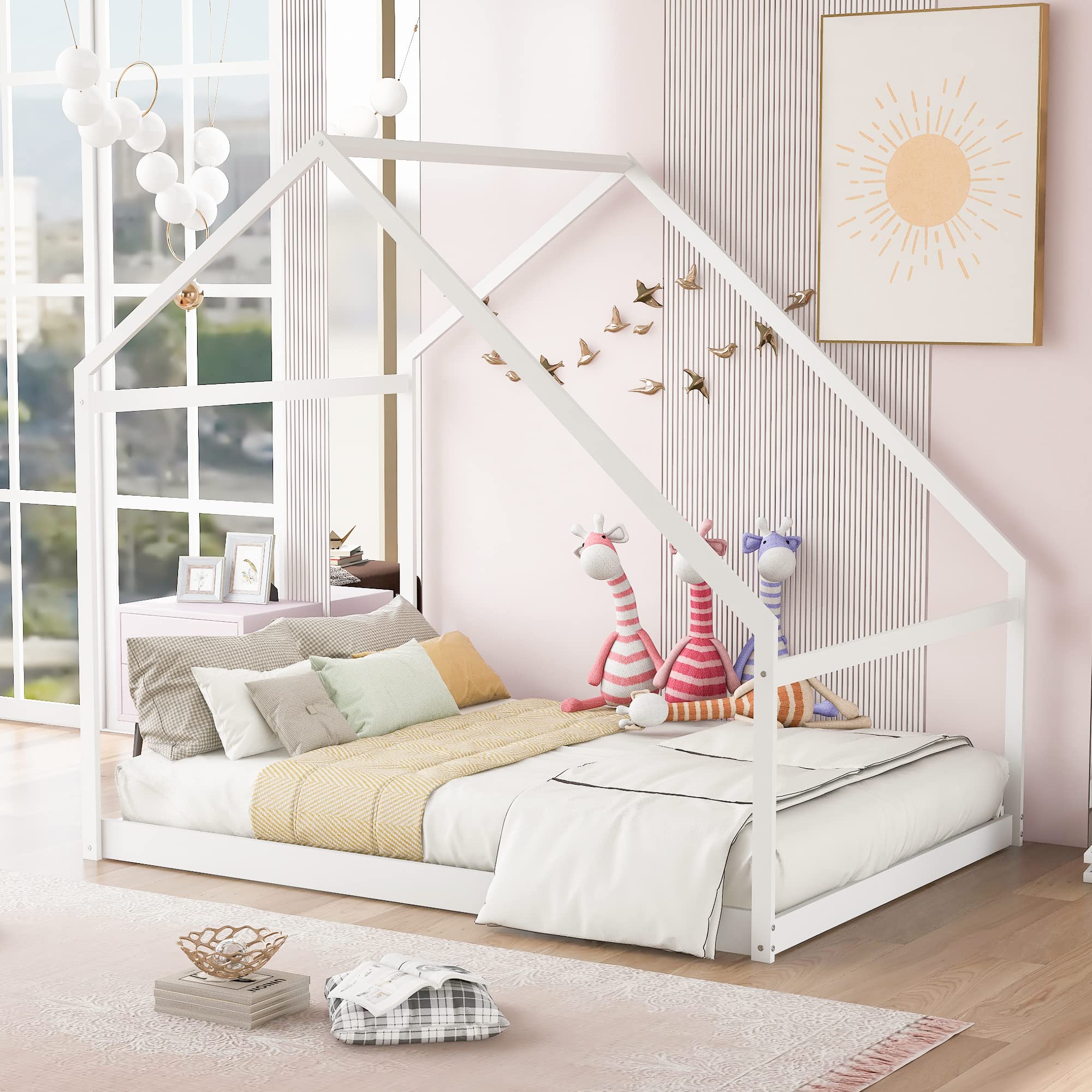 Merax Full Size Wooden House Bed with Roof - White Kids Playhouse Bed for Bedroom & Nursery Decor - Perfect for Imaginative Play & Room Makeover