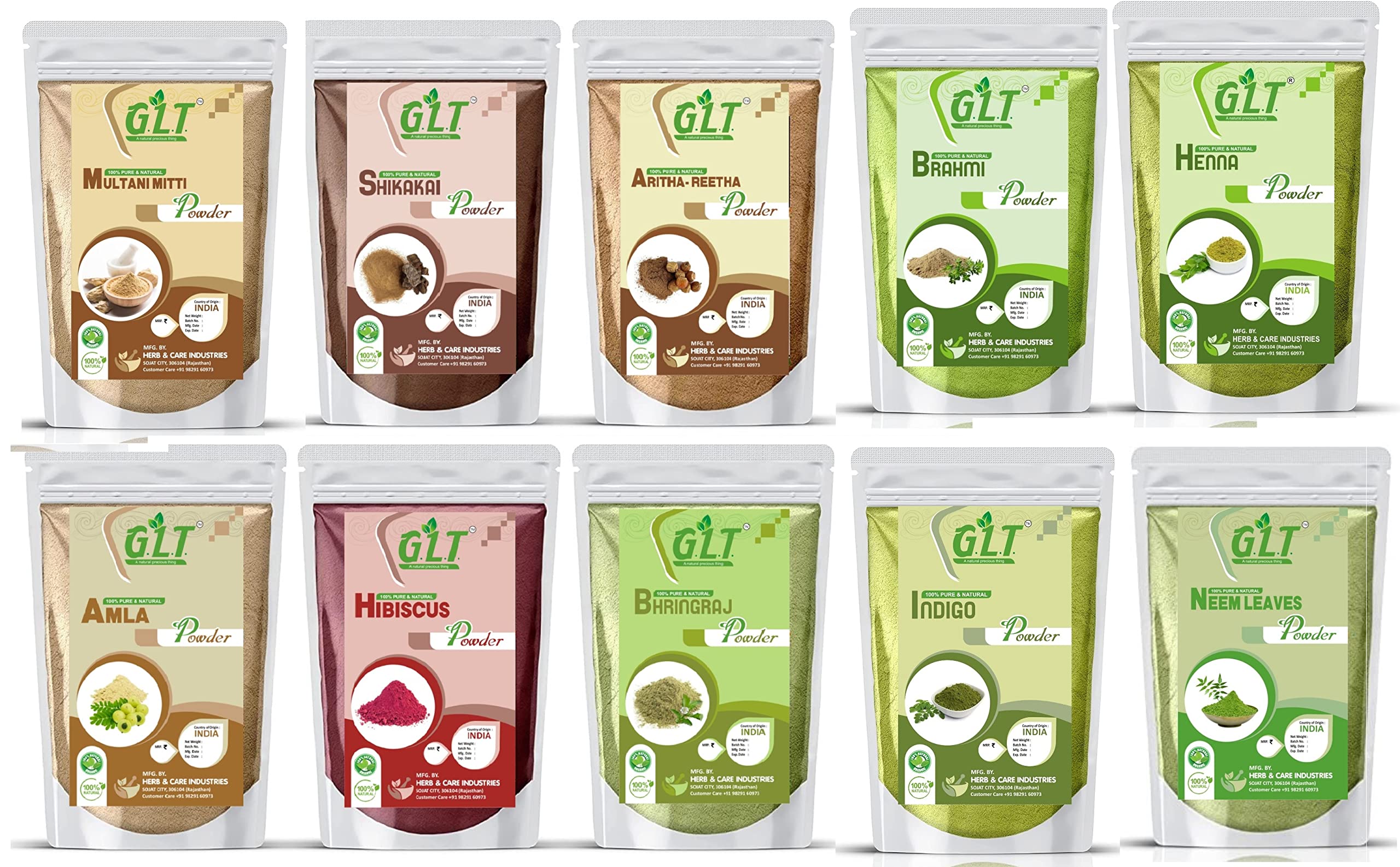 G.L.T. Herbal Hair Growth Powder Combo Pack - 10x50g (500g) with Amla, Reetha, Shikakai, Hibiscus & Ayurvedic Ingredients for Hair Treatment & Care | Promotes Healthy Hair Growth, Reduces Hair Fall, Nourishes Scalp - Perfect for Natural Hair Care Routine at Home