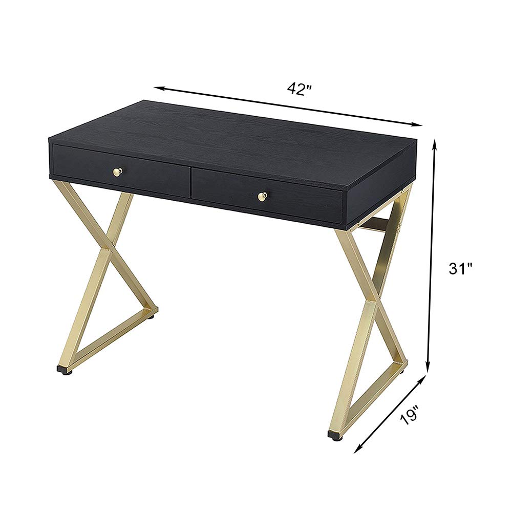 Modern Black & Brass Writing Desk with 2 Drawers - Elegant Vanity Dressing Table for Women, Stylish Makeup Desk, Home Office Workstation for PC/Laptop - Perfect for Bedroom, Living Room, and Home Office Spaces