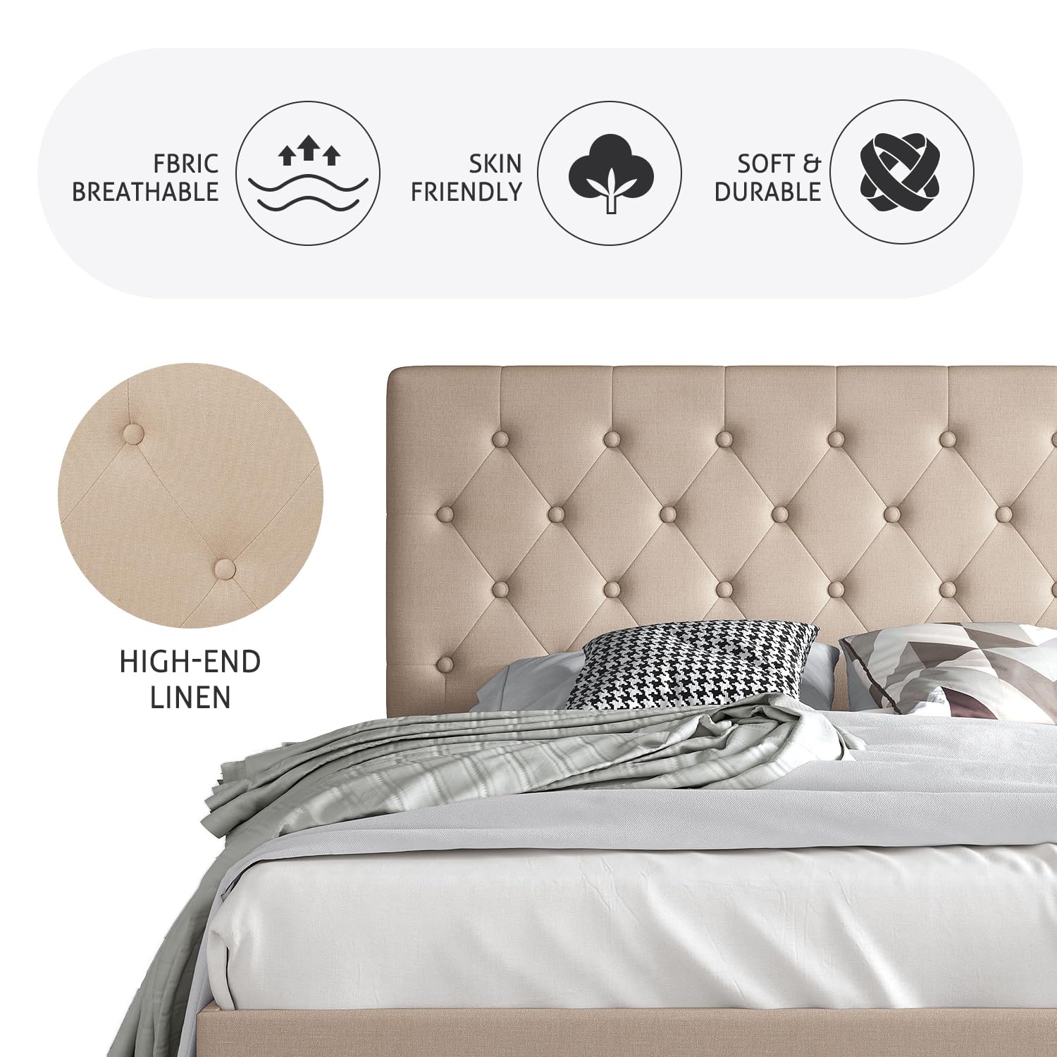 SHA CERLIN King Size Bed Frame with Button Tufted Headboard - Upholstered Fabric Platform Bed with Wooden Slats, No Box Spring Required, Beige - Perfect for Master Bedroom, Guest Room & Modern Home Decor
