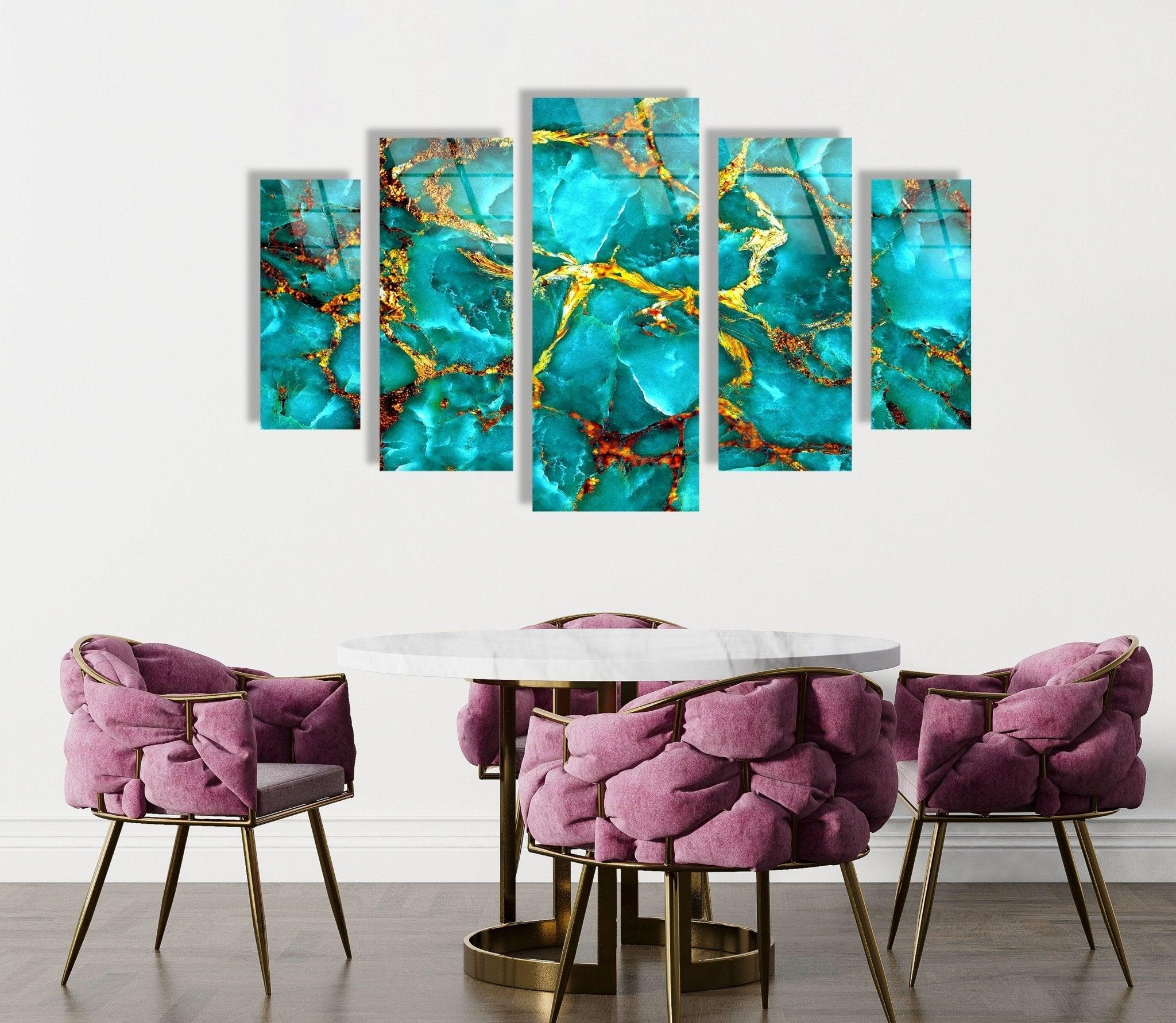 Abstract Glass Wall Art in Aqua Blue with Gold Veins - Modern Home Decor for Living Room, Bedroom & Office