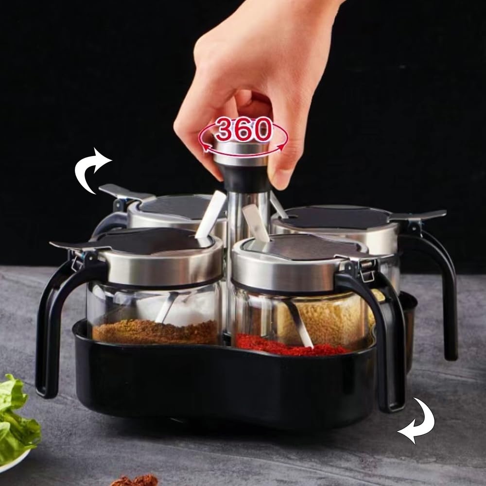 TINMIX 4-Piece Revolving Condiment Set - Sugar Bowl, Salt & Pepper Shakers with Lids & Spoons, 360° Rotating Spice Jar Holder for Kitchen - Perfect for Dining Tables, Restaurants, and Home Cooking