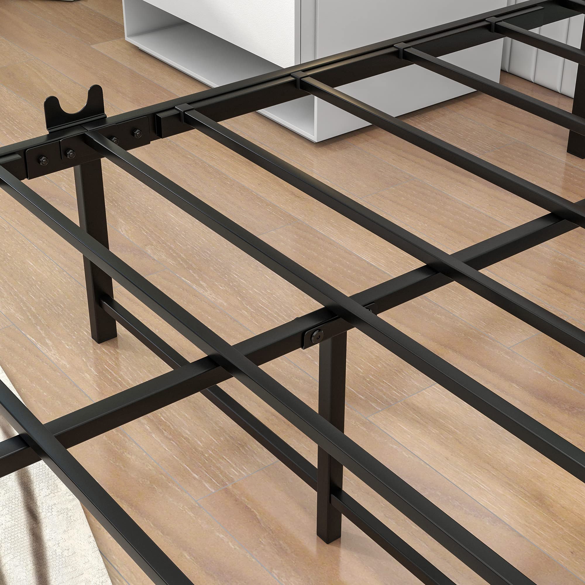 BOFENG Twin Size Metal Bed Frame with Storage Headboard & USB Charging - Heavy Duty Platform Bed with Steel Slats, No Box Spring Needed - Easy Assembly Brown Bed Base for Small Spaces, Dorms & Guest Rooms