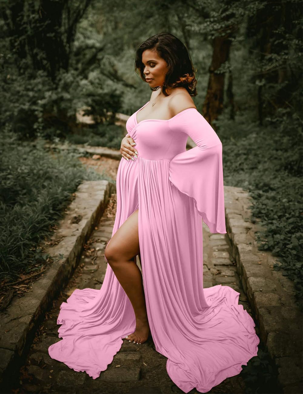 VSNOW Maternity Photoshoot Dress - Elegant Off Shoulder Drop Sleeve Maxi Gown with High Slit for Pregnancy Photography, Baby Shower & Maternity Portraits