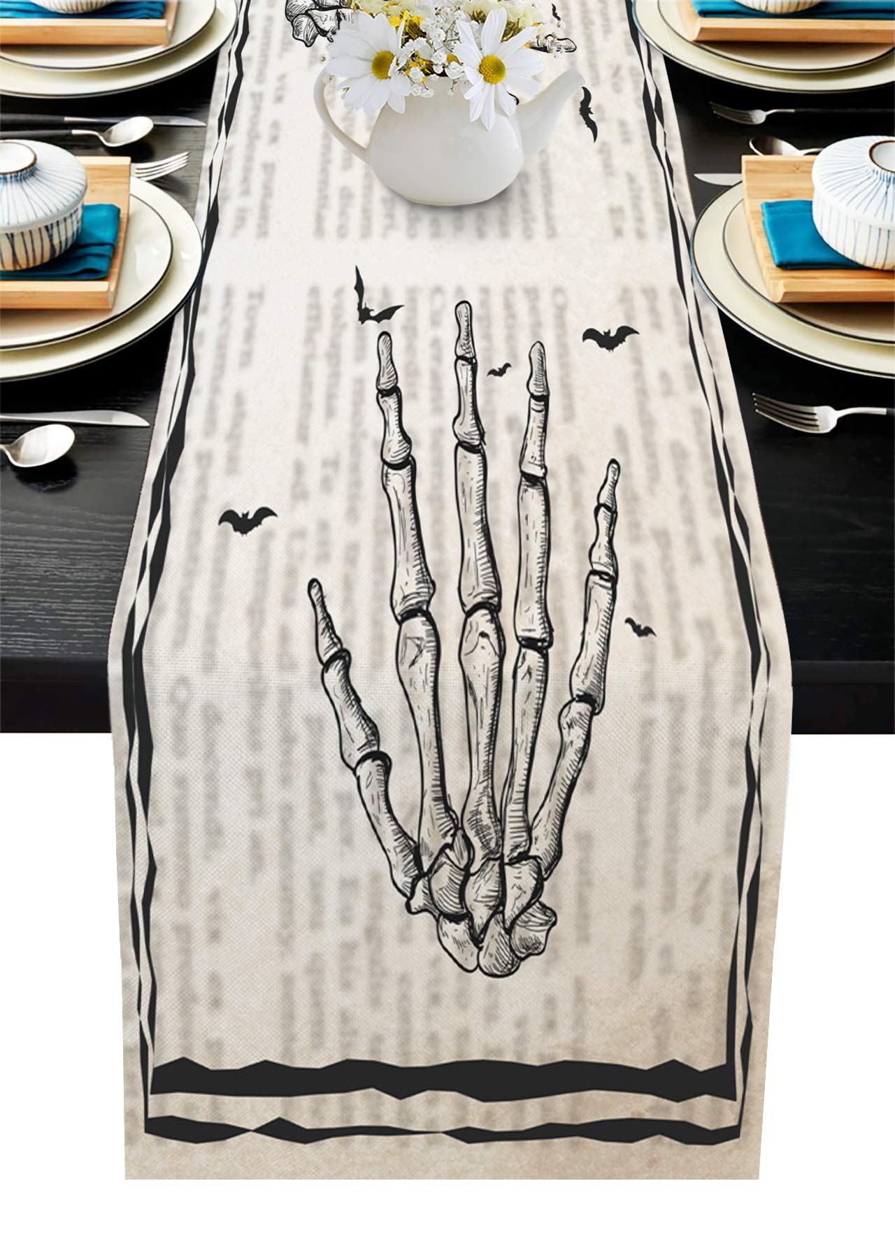 Prironde Halloween Table Runner 36 Inches - Cotton Linen Farmhouse Design with Skeleton Palm Bat Motif for Kitchen, Dining, Coffee, and Living Room Tables - Perfect for Weddings, Graduations, Parties, and Seasonal Decor
